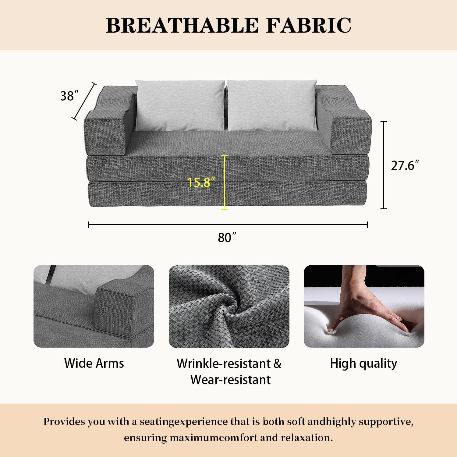 Convertible Couch Bed With 2 Pillows, 3 Seat Folding Floor Couch & King Size Bed Mattress, Diy Combination - Gray