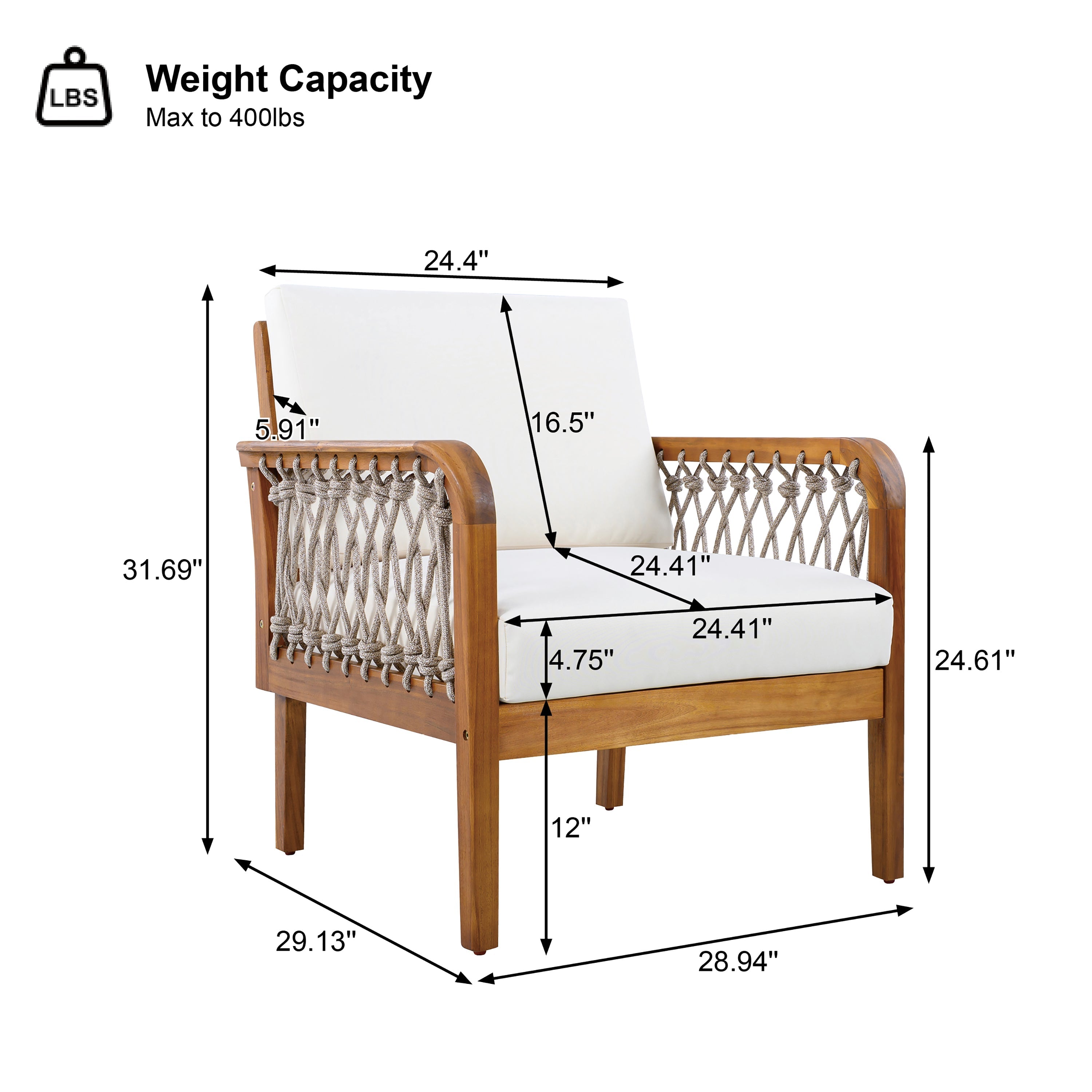 Outdoor Acacia Wood Club Chair with Handwoven Rope, Teak Finish