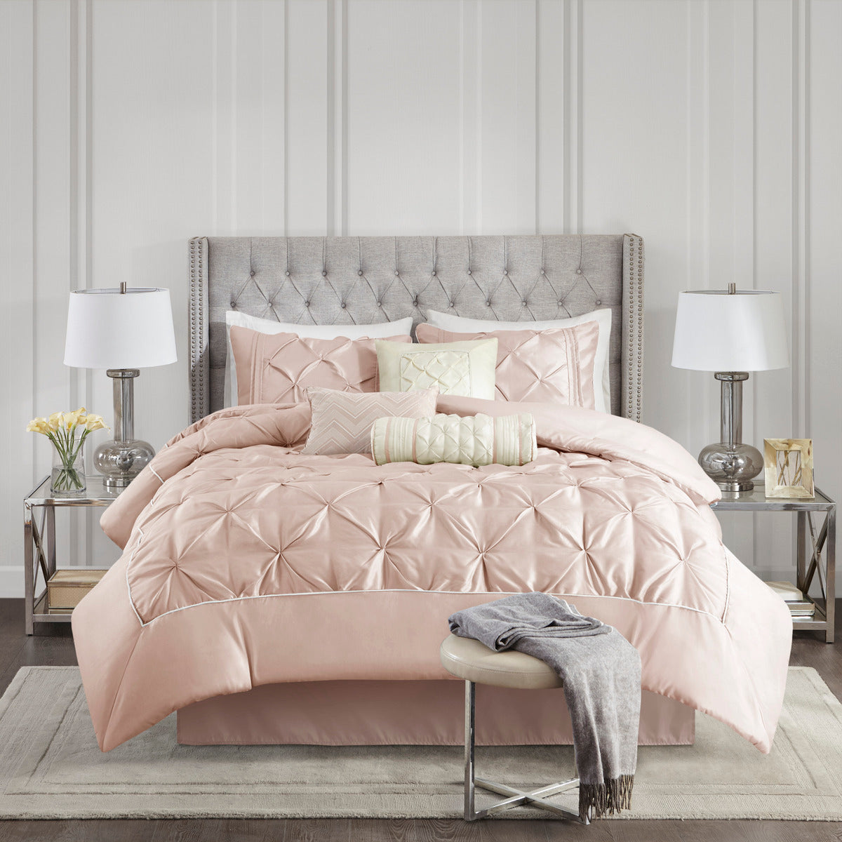 7 Piece Tufted Comforter Set Blush Queen