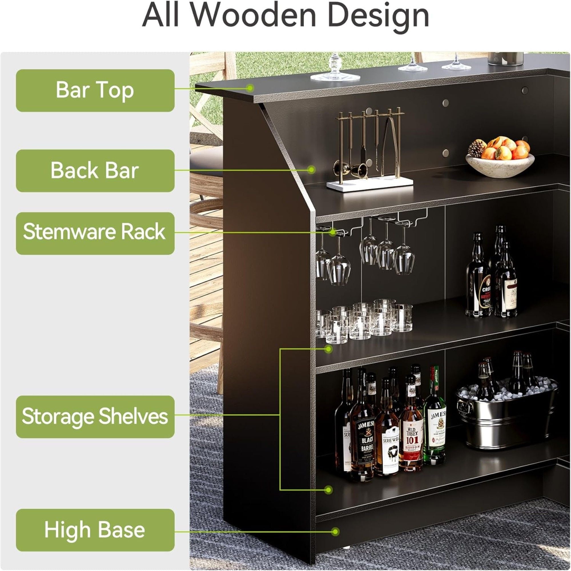 L-Shaped Home Bar Cabinet With Stemware Racks, 4 Tier Corner Unit, Liquor Wine Bar Table & Reception Desk For Home Pub - Black