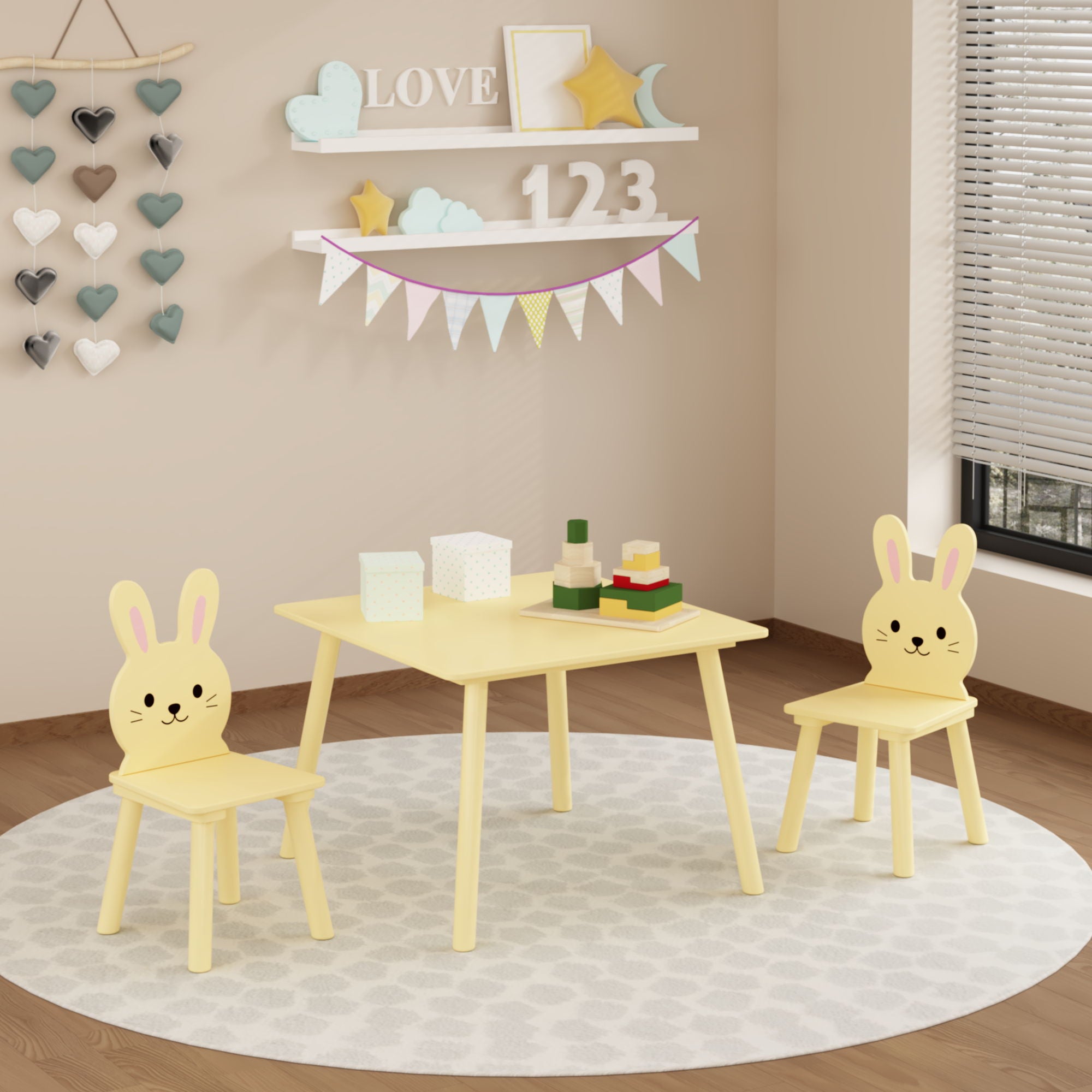 Table And Chair Set With 2 Bunny Chairs, Children's Activity Table For Toddlers, Cute Animal Design - Yellow