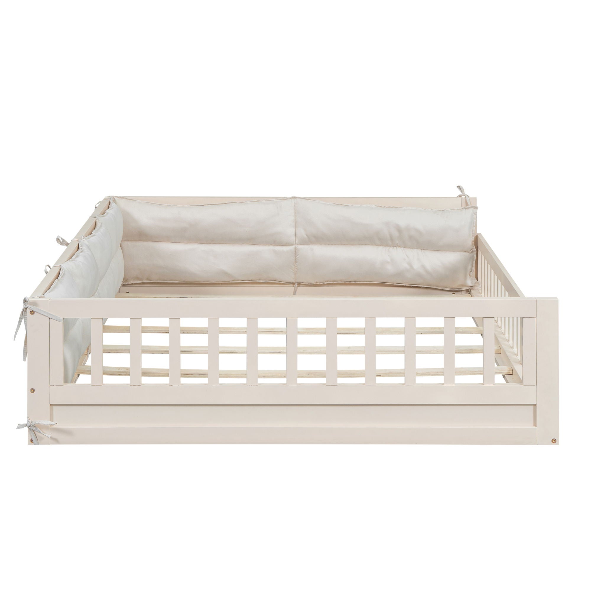 Wood Full Size Upholstered Platform Bed With Guardrail And Pillow - Beige
