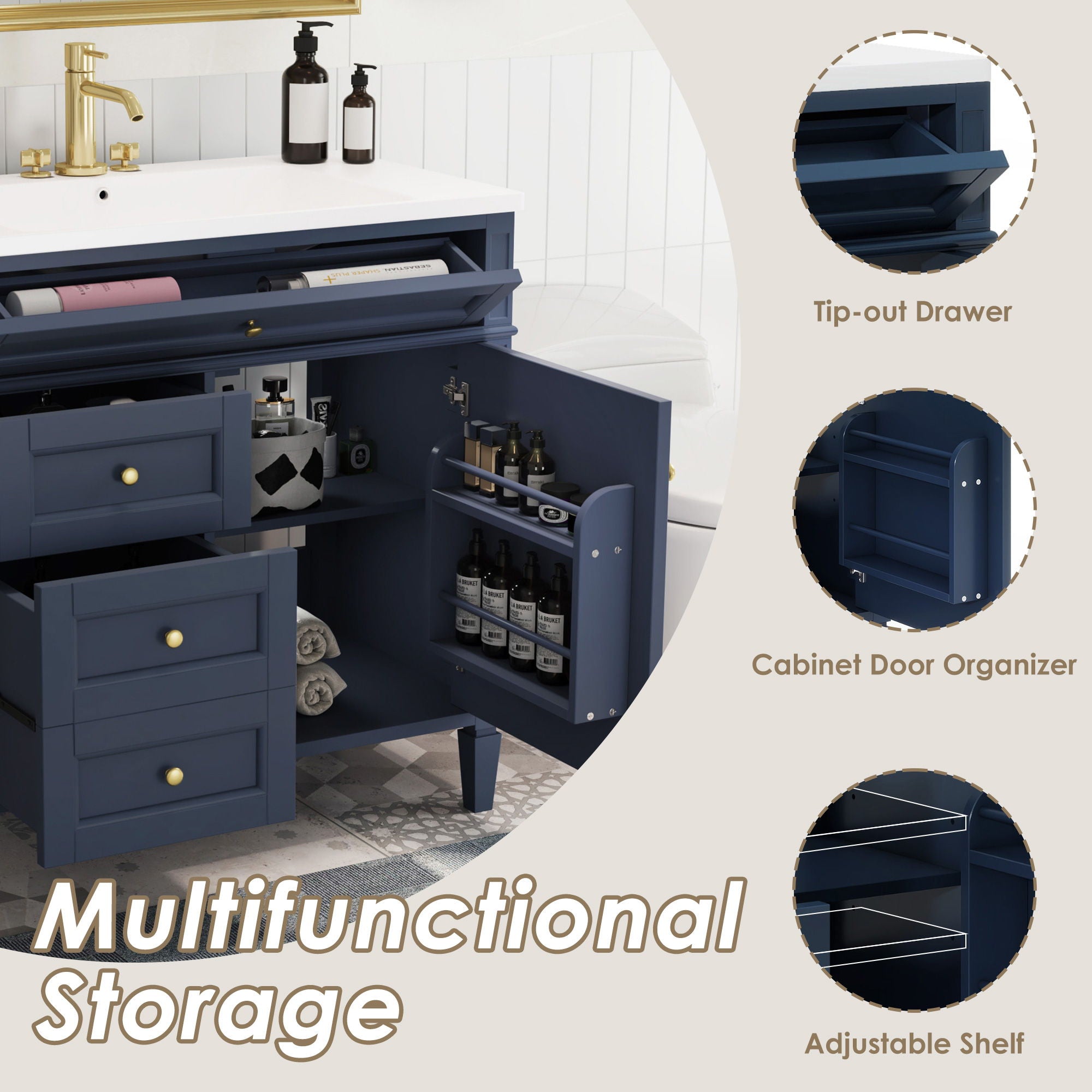 Bathroom Vanity With Top Sink, 2 Drawers And Tip Out Drawer, Rectangular Design