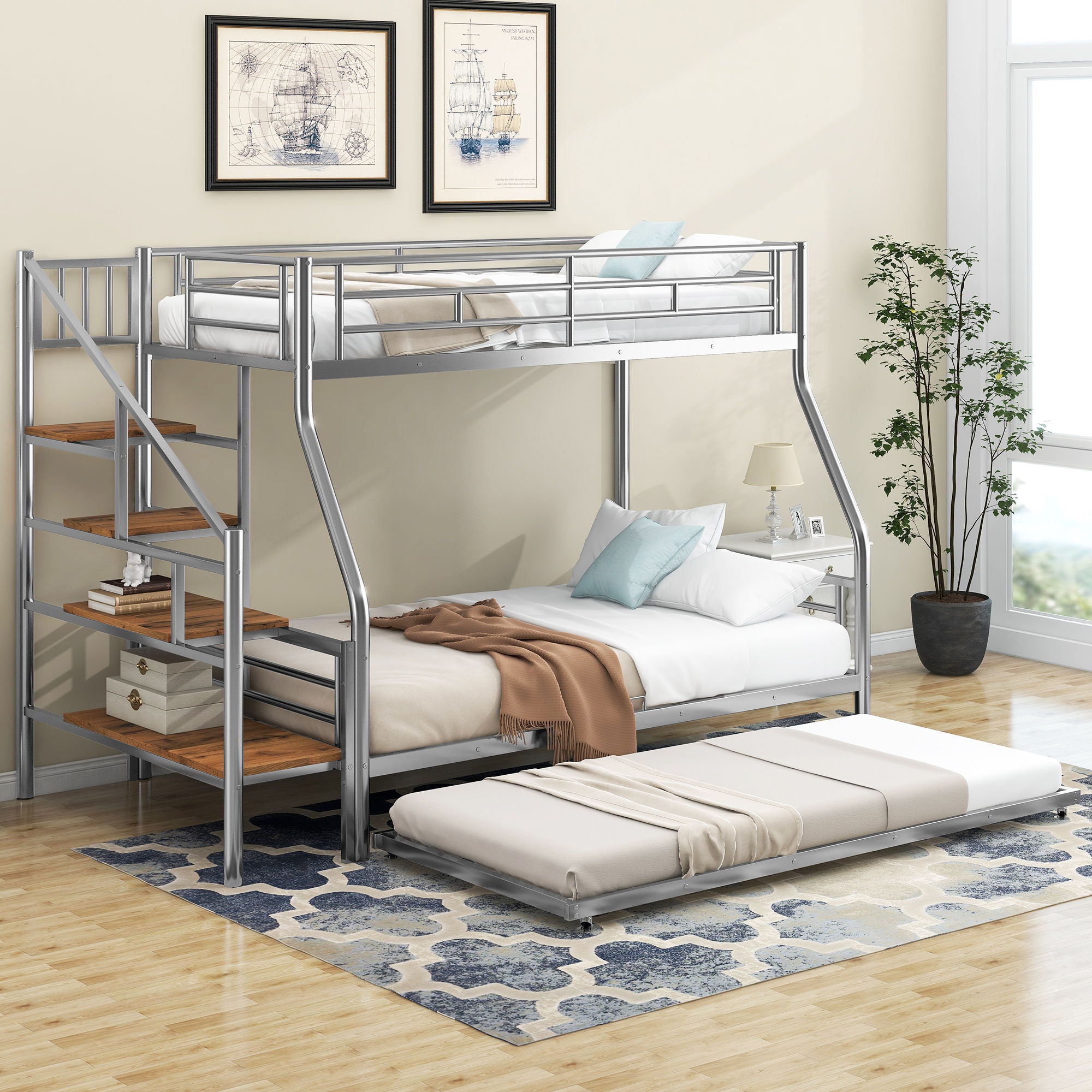 Metal Bunk Bed With Trundle And Storage Staircase
