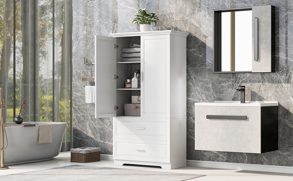 Tall Bathroom Storage Cabinet, Cabinet With 2 Doors And Drawers, Adjustable Shelf