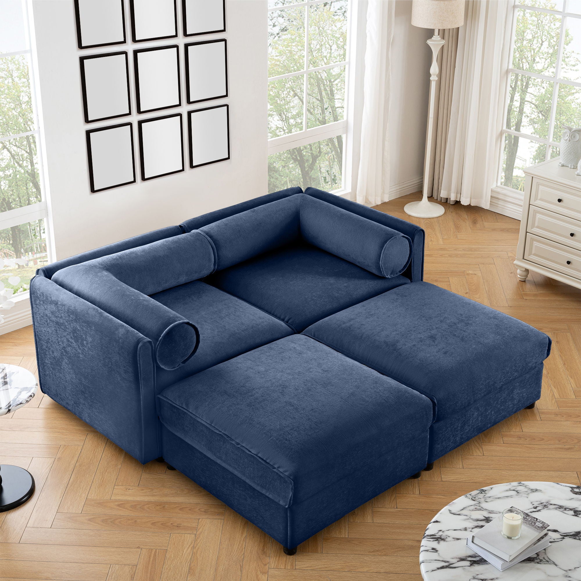 Contemporary Elegant White Chenille Sofa With Storage And Ottoman