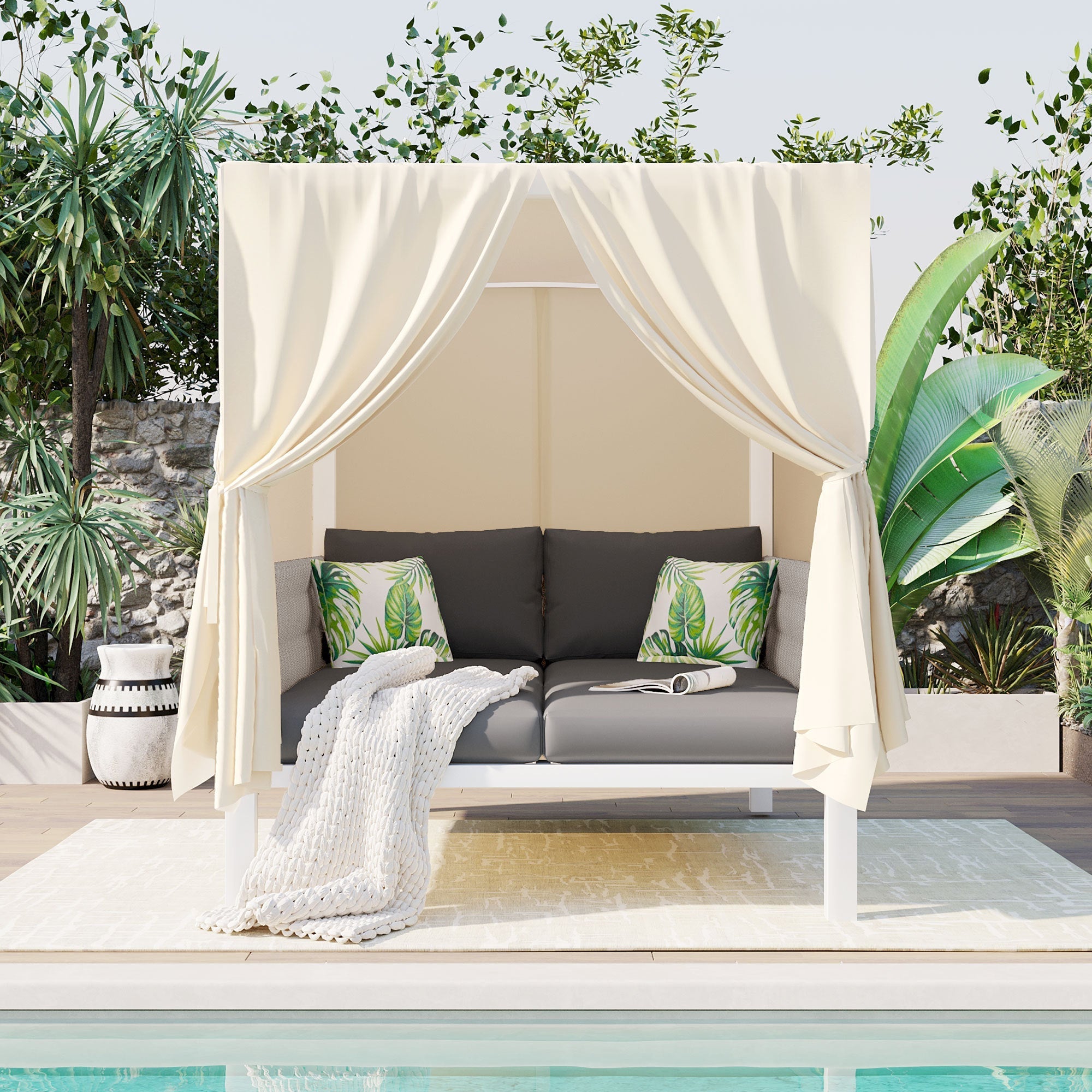 U_Style Outdoor Patio Sunbed with Curtains