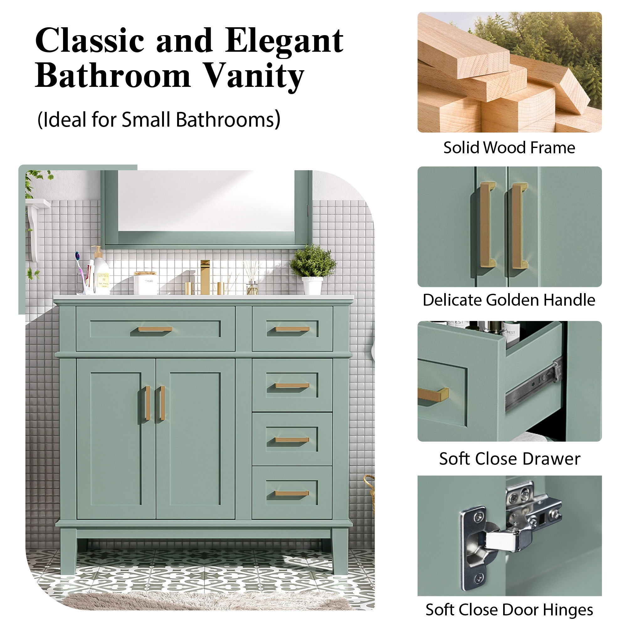 Bathroom Vanity With Sink, Soft Close Doors, 4 Storage Drawers