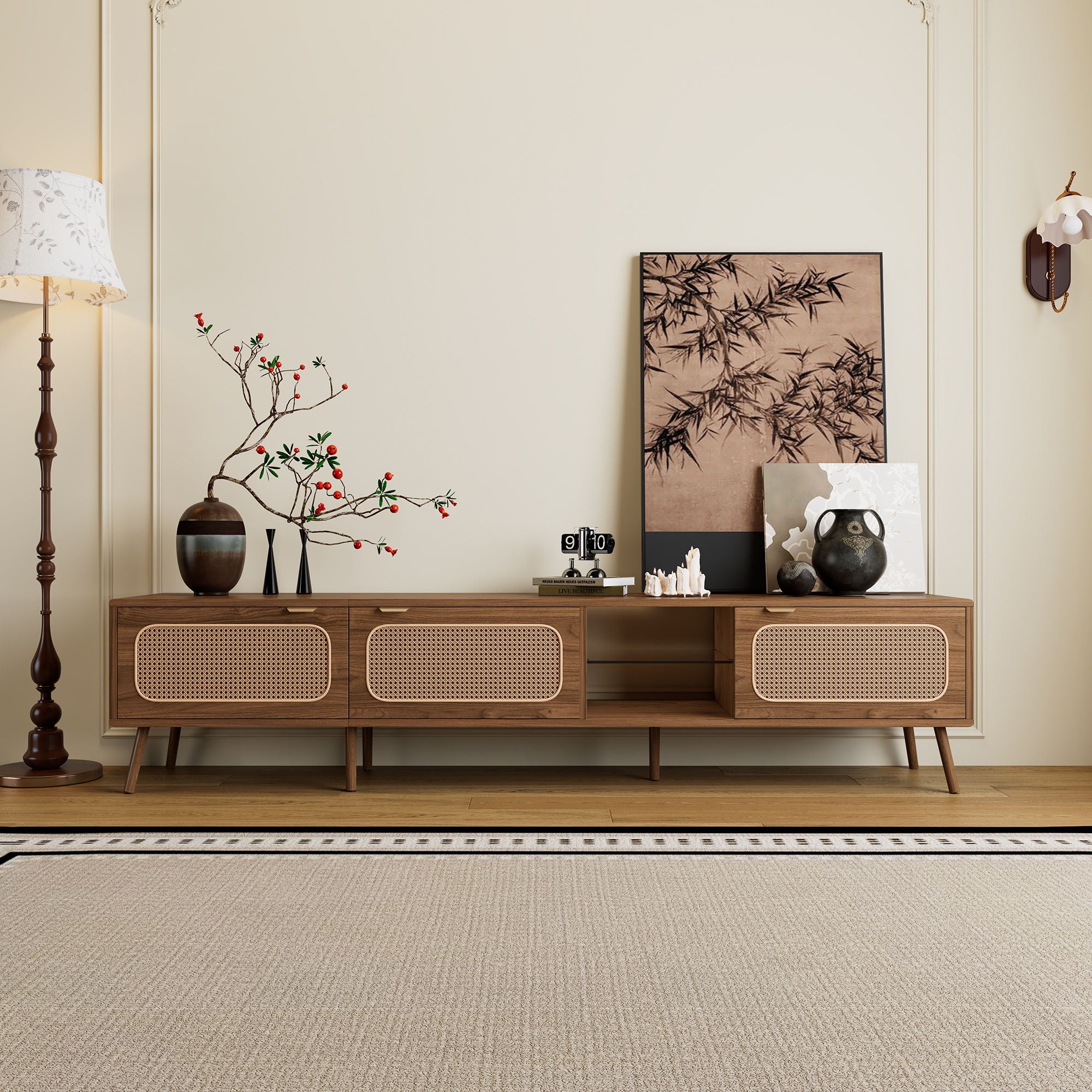 78" TV Stand With Ample Storage And Open Shelving - Walnut