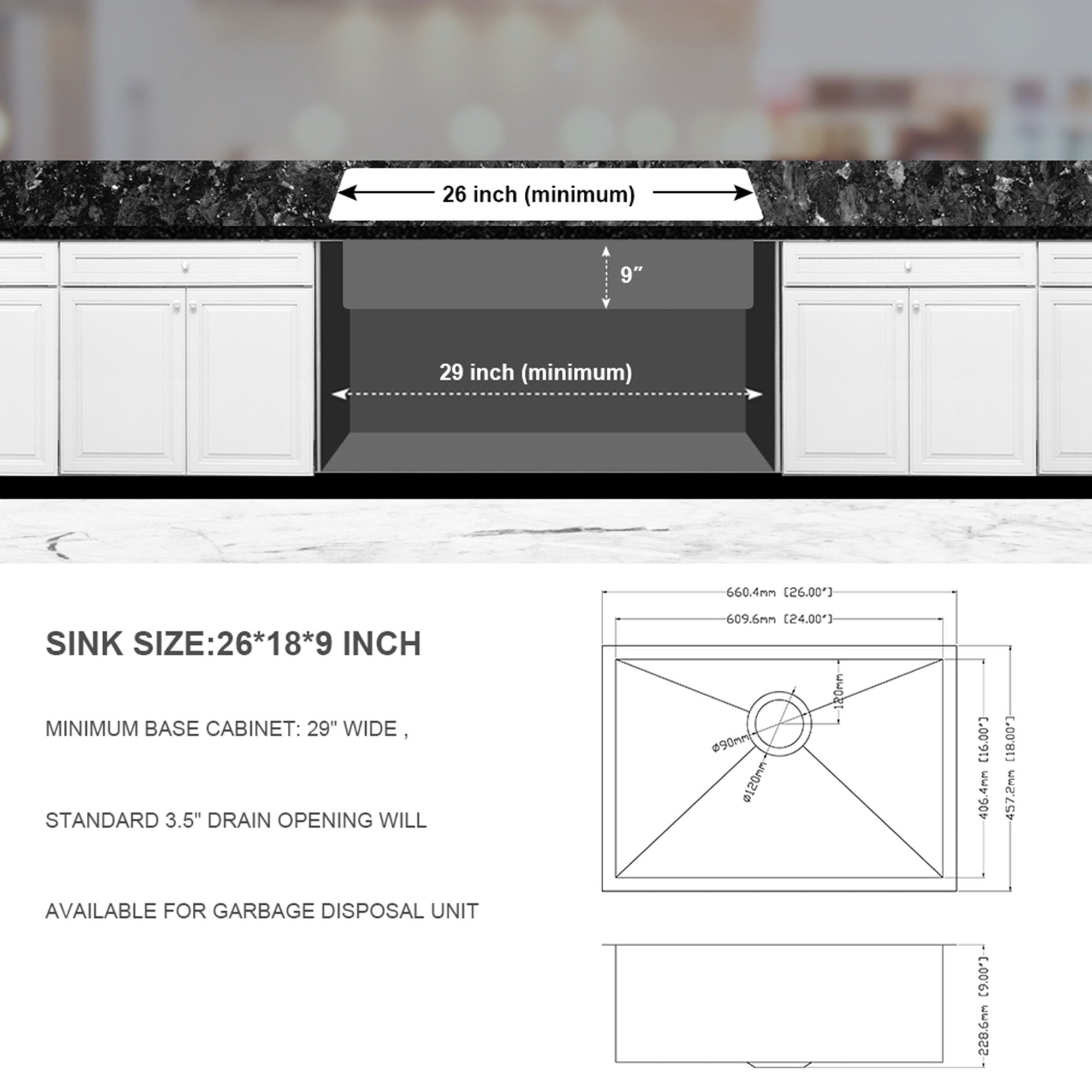 Undermount Kitchen Sink 26" 16 Gauge With Drain Assembly - Brushed Nickel