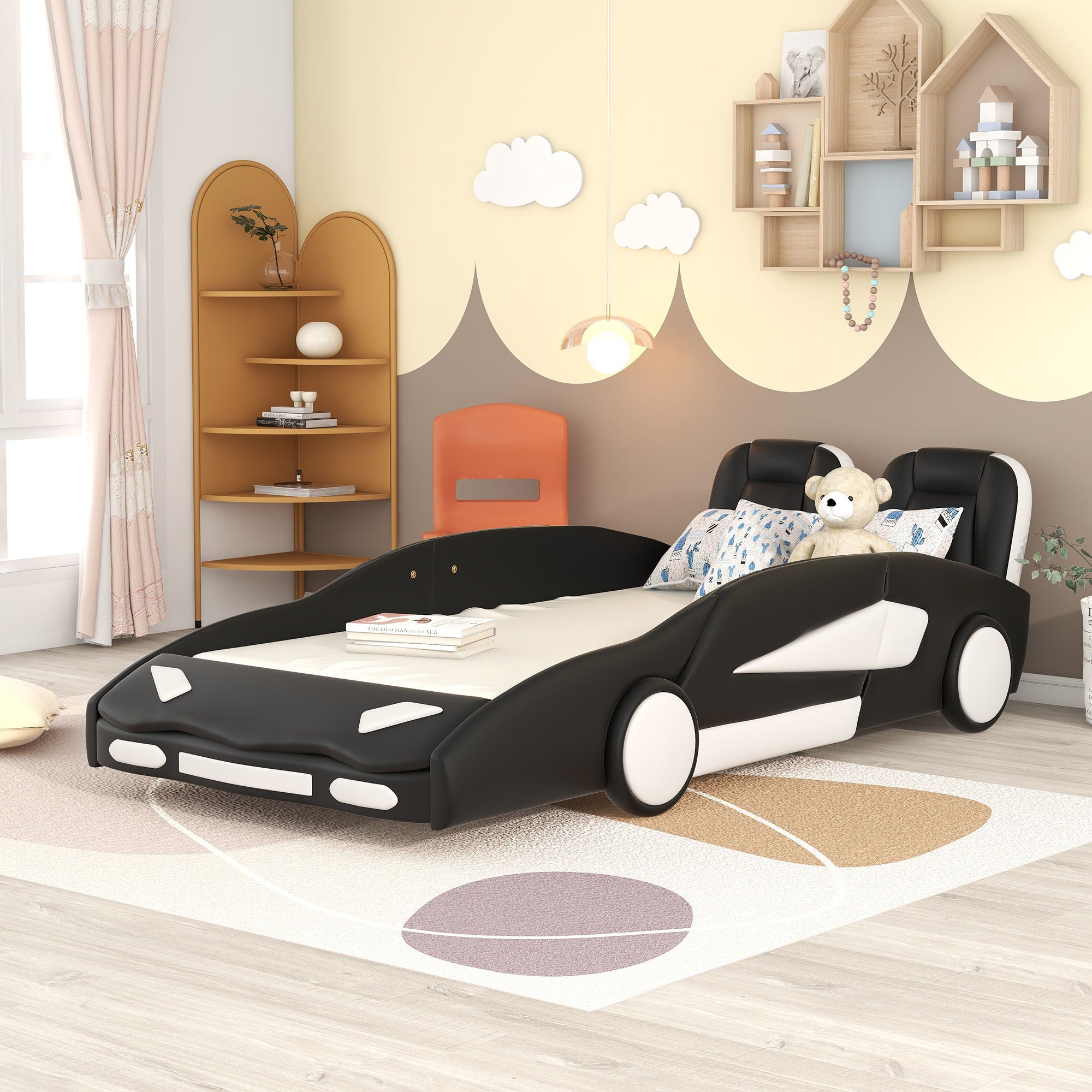 Race Car Shaped Twin Platform Bed With Wheels, Pine Wood Construction
