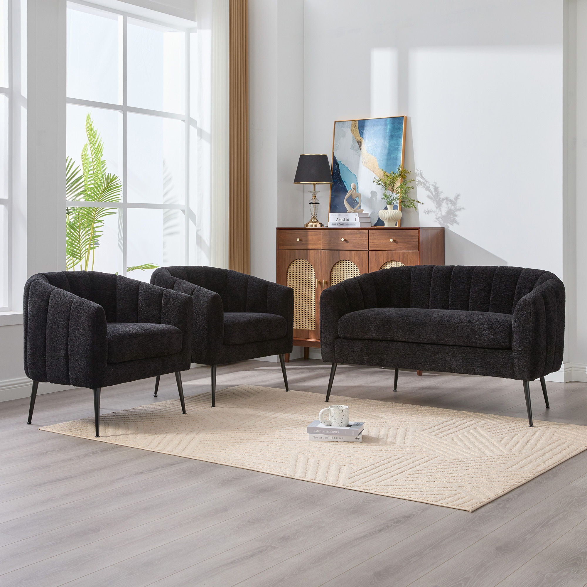 3 Piece Living Room Furniture Set Sofa & Armchairs - Black