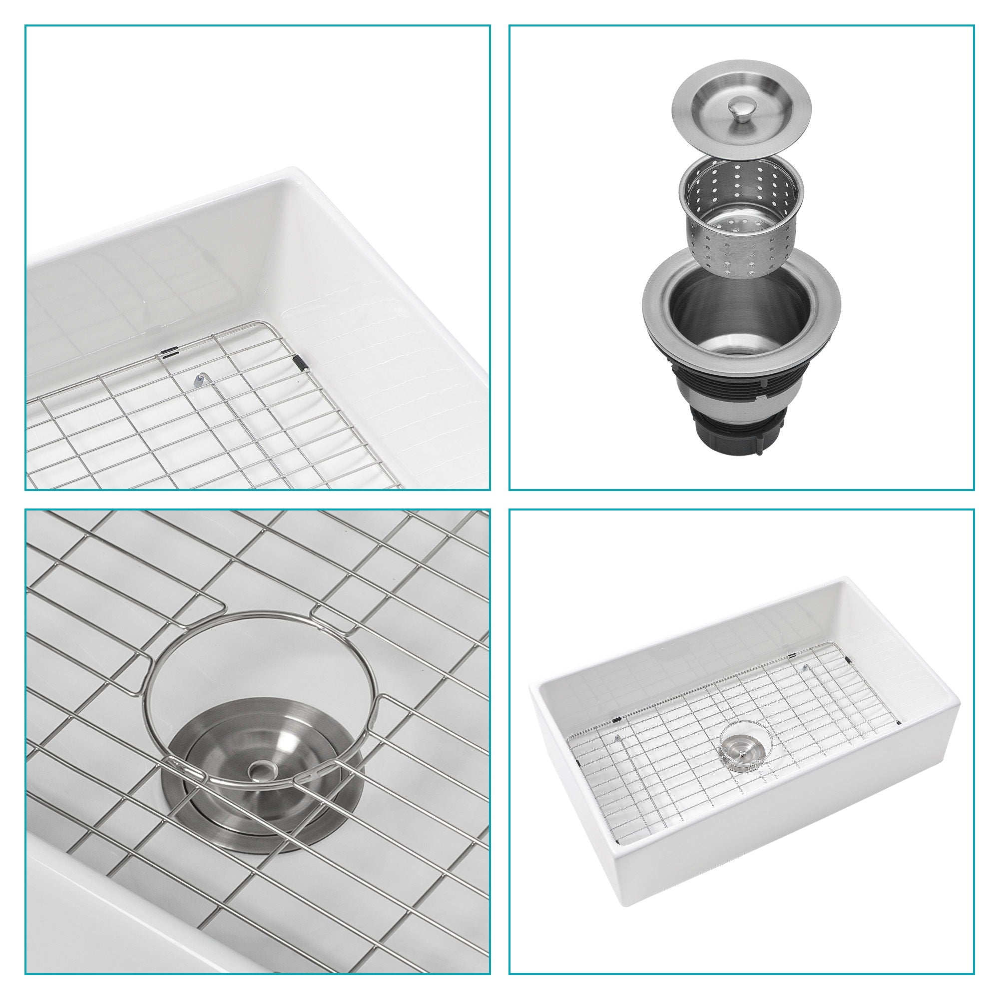 33" Undermount Sink With Apron Front, Single Bowl, Grid - White