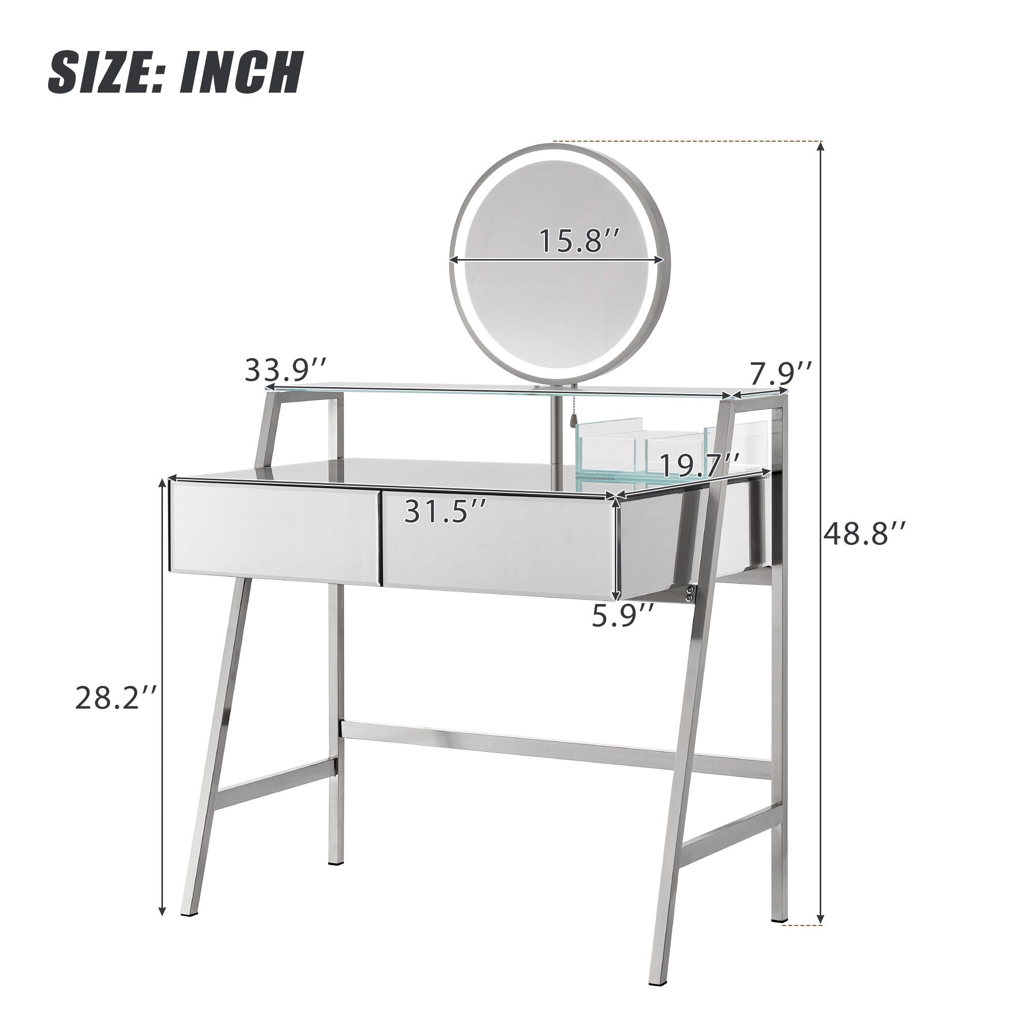 33.9" Mirrored Makeup Vanity Desk With Mirror And Lights, Mirrored Console Vanity Table With 2 Big Drawers & Open Shelf, Dressing Table With Charging Station For Bedroom - Silver - Best Buy Furniture