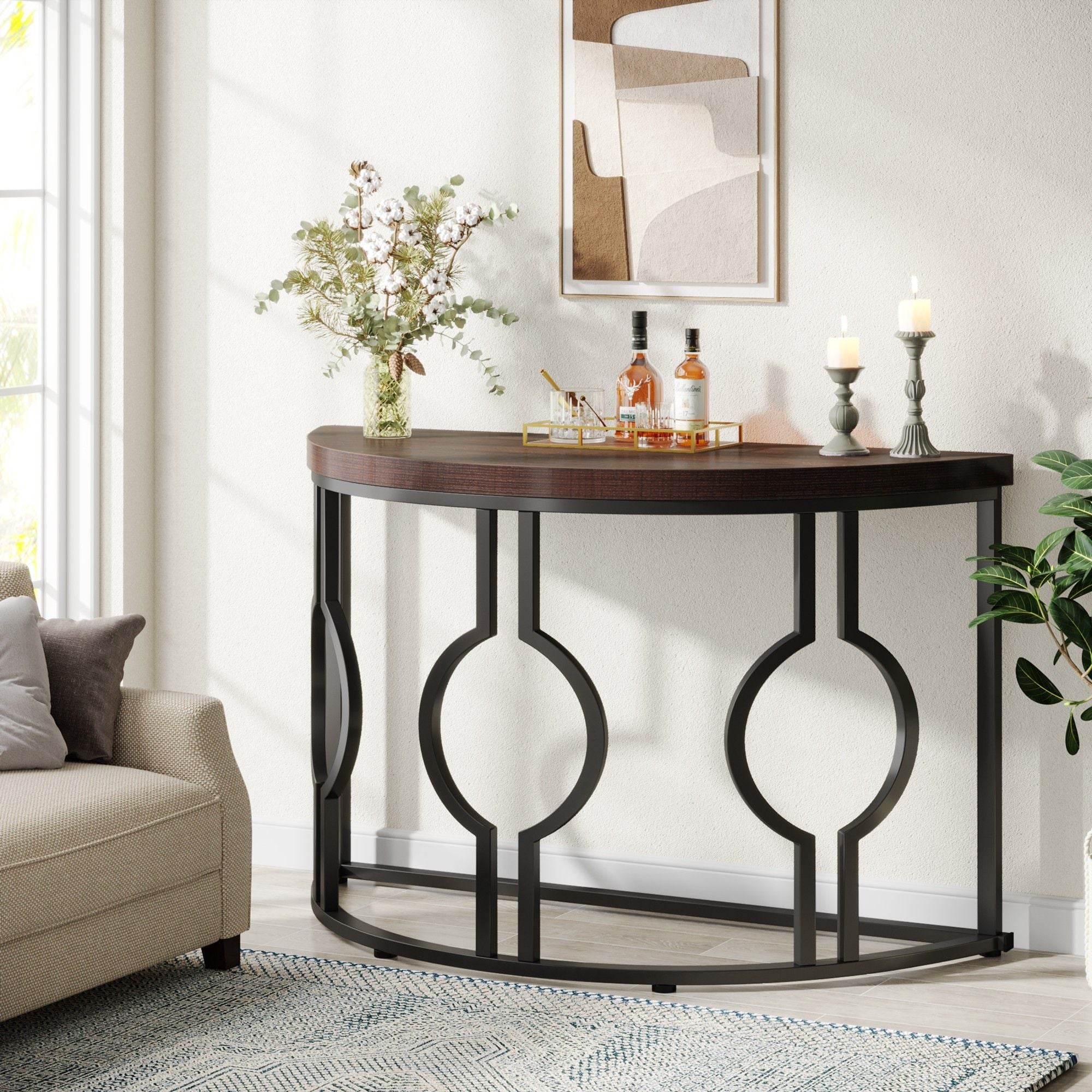 Semi Circle, Half Moon Console Table For Entryway With Geometric Base For Living Hallway - Rustic Brown