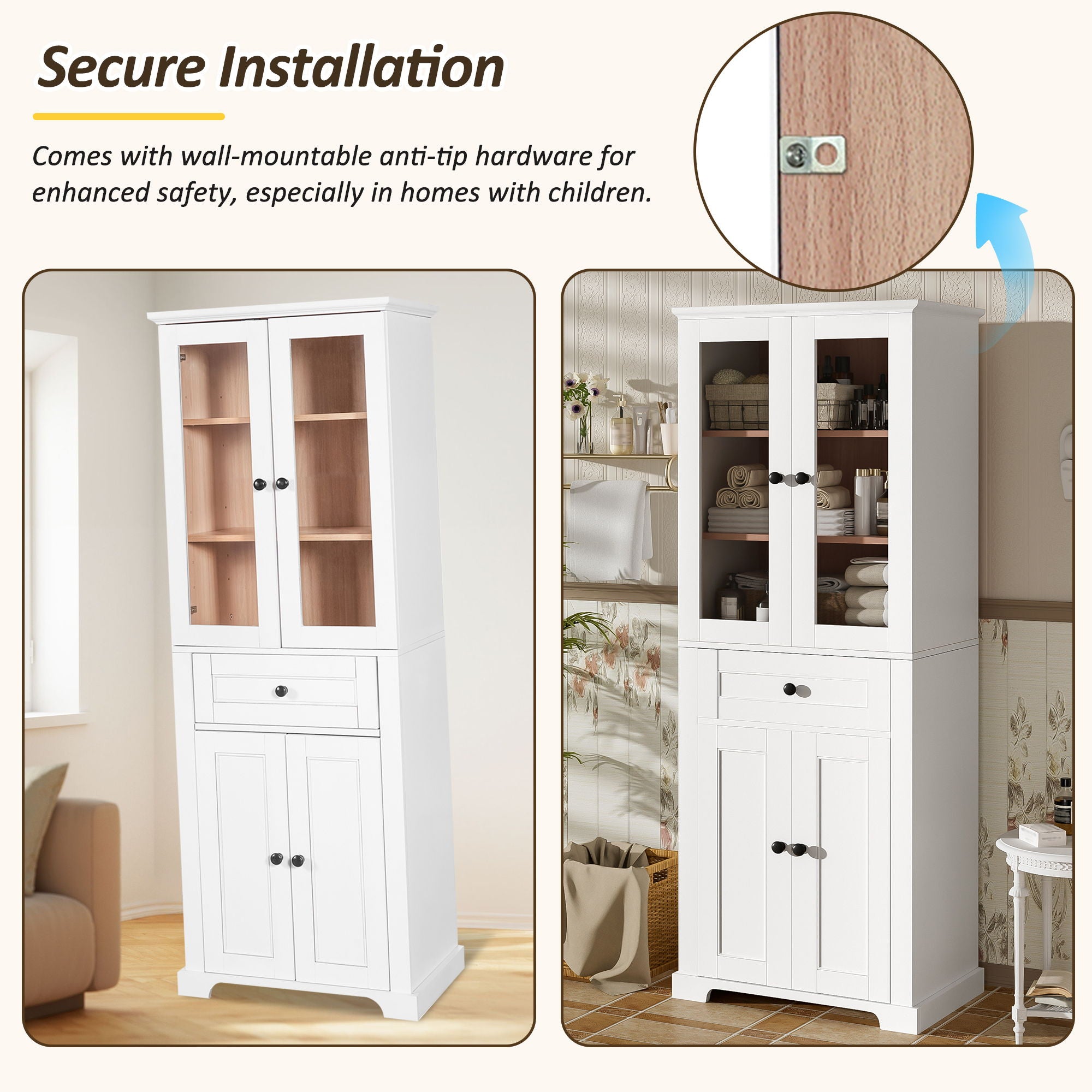 Bathroom Vanity & Tall Storage Cabinet Set With Doors, Adjustable Shelves, Soft Close Hinges, Sink