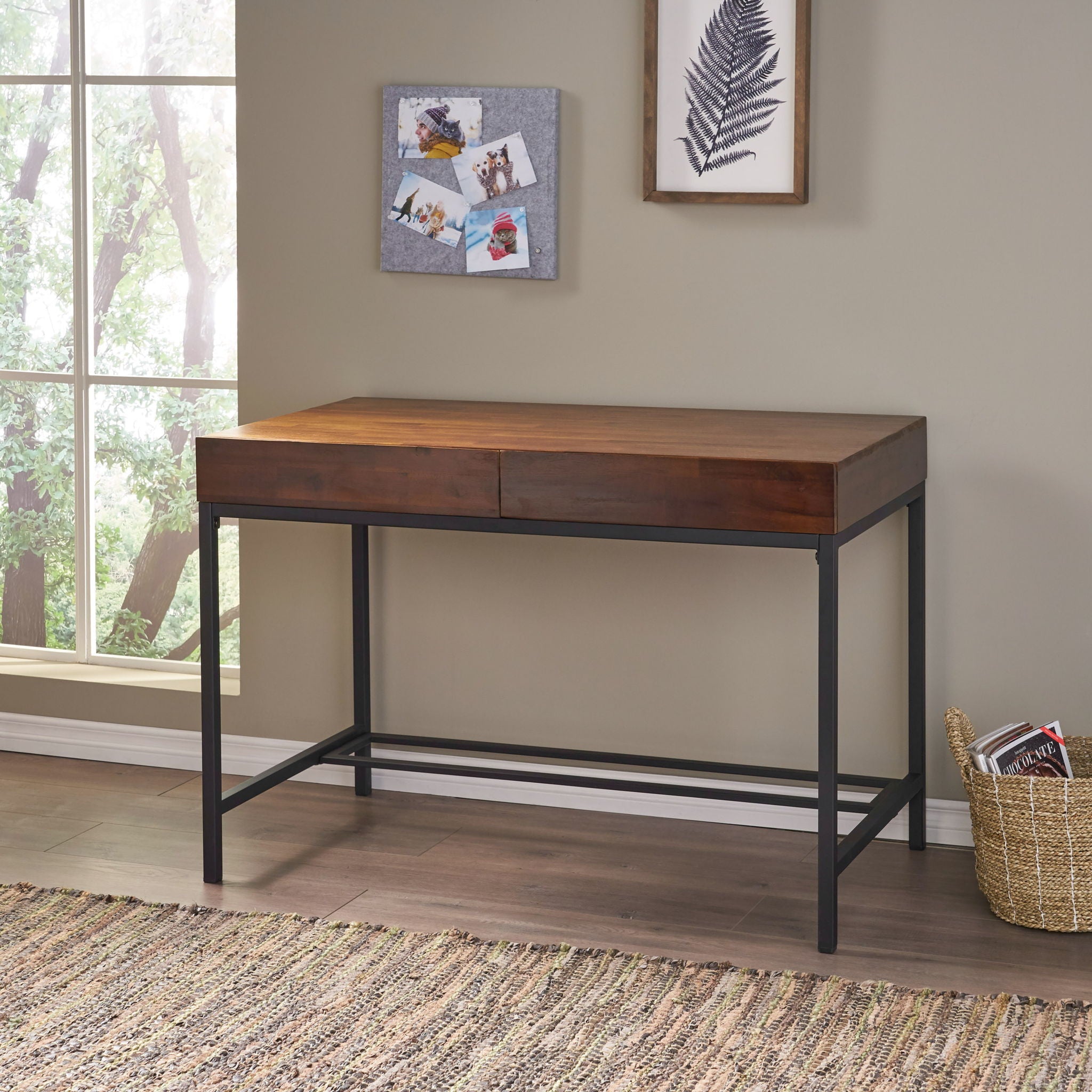 Industrial Style Storage Desk With Acacia Wood Top And Metal Legs - Oak - Best Buy Furniture
