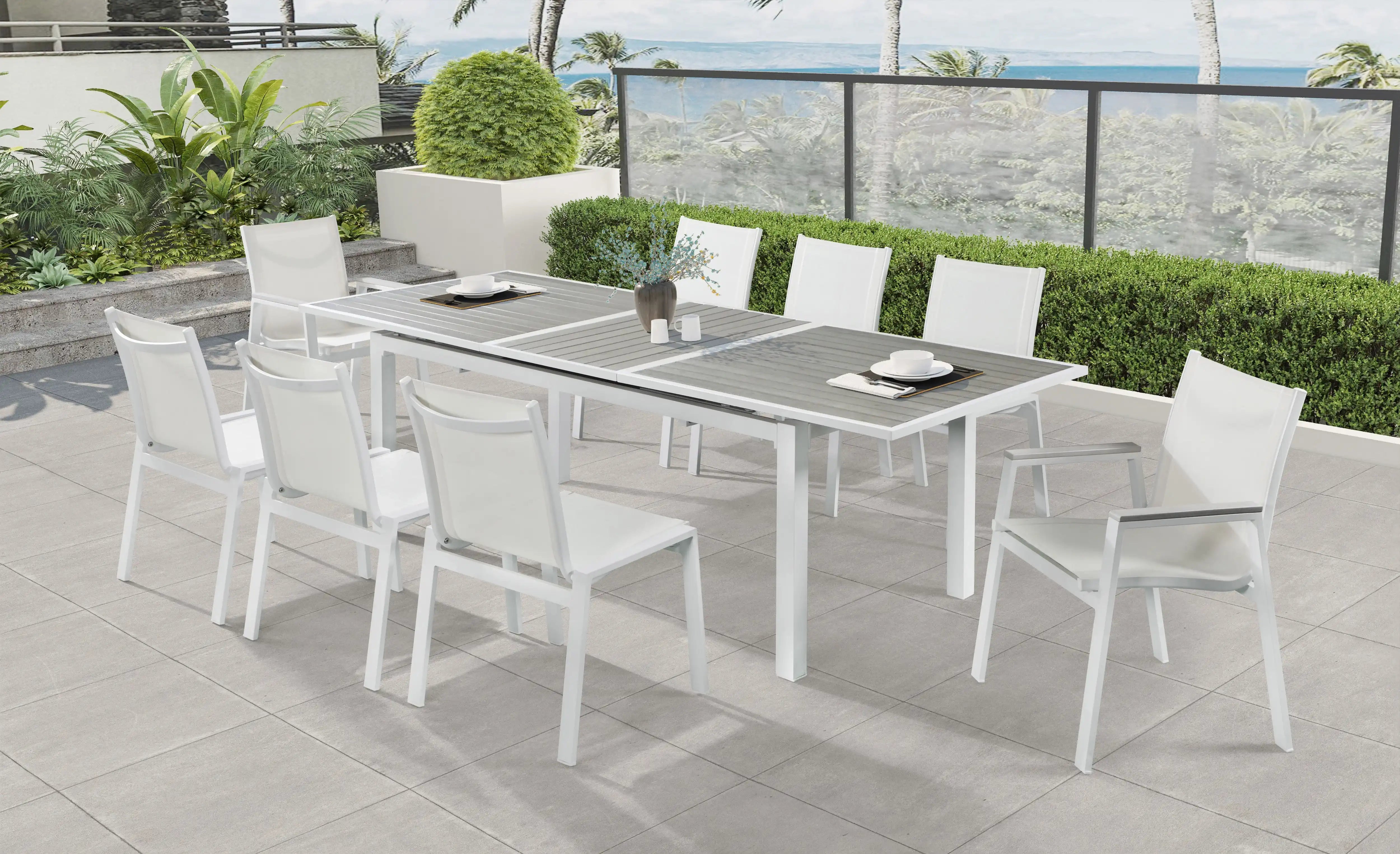 Nizuc - Outdoor Patio Dining Arm Chair With White Frame And Gray Arms (Set of 2)