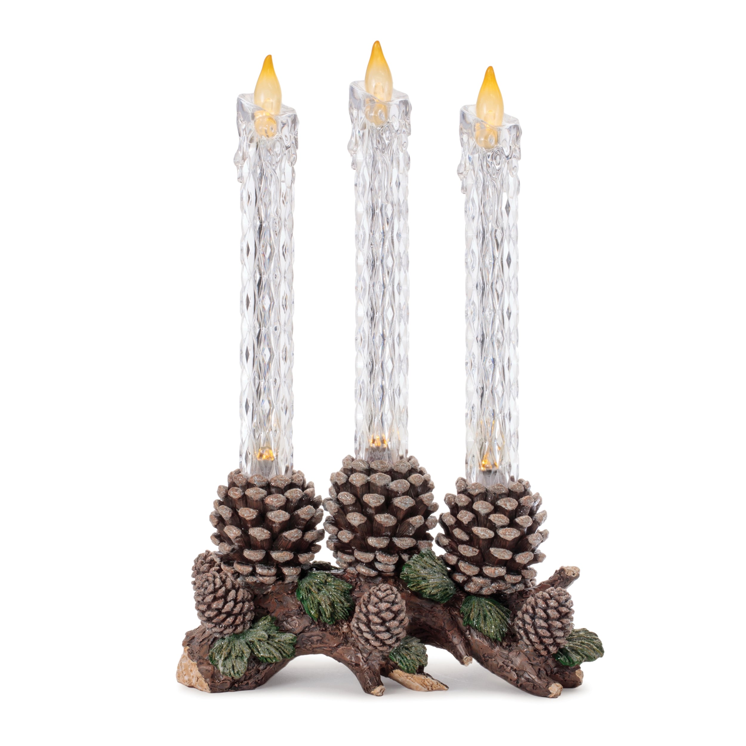 LED Taper Candle with Pine Branch and Pinecone Base 15.5"H