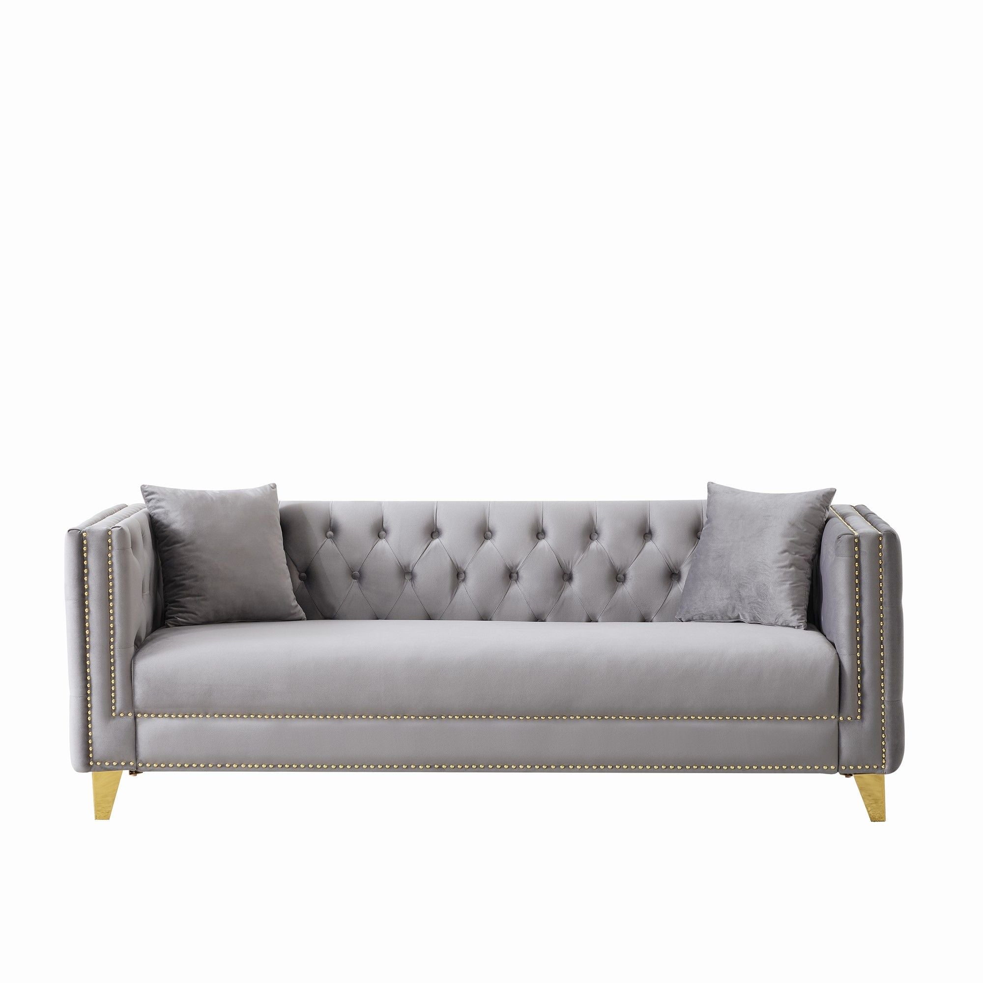 3 And 2 Seater Deep Seat Sofa With Button Nailhead, Square Arm Couches, Furniture For Living Room - Gray