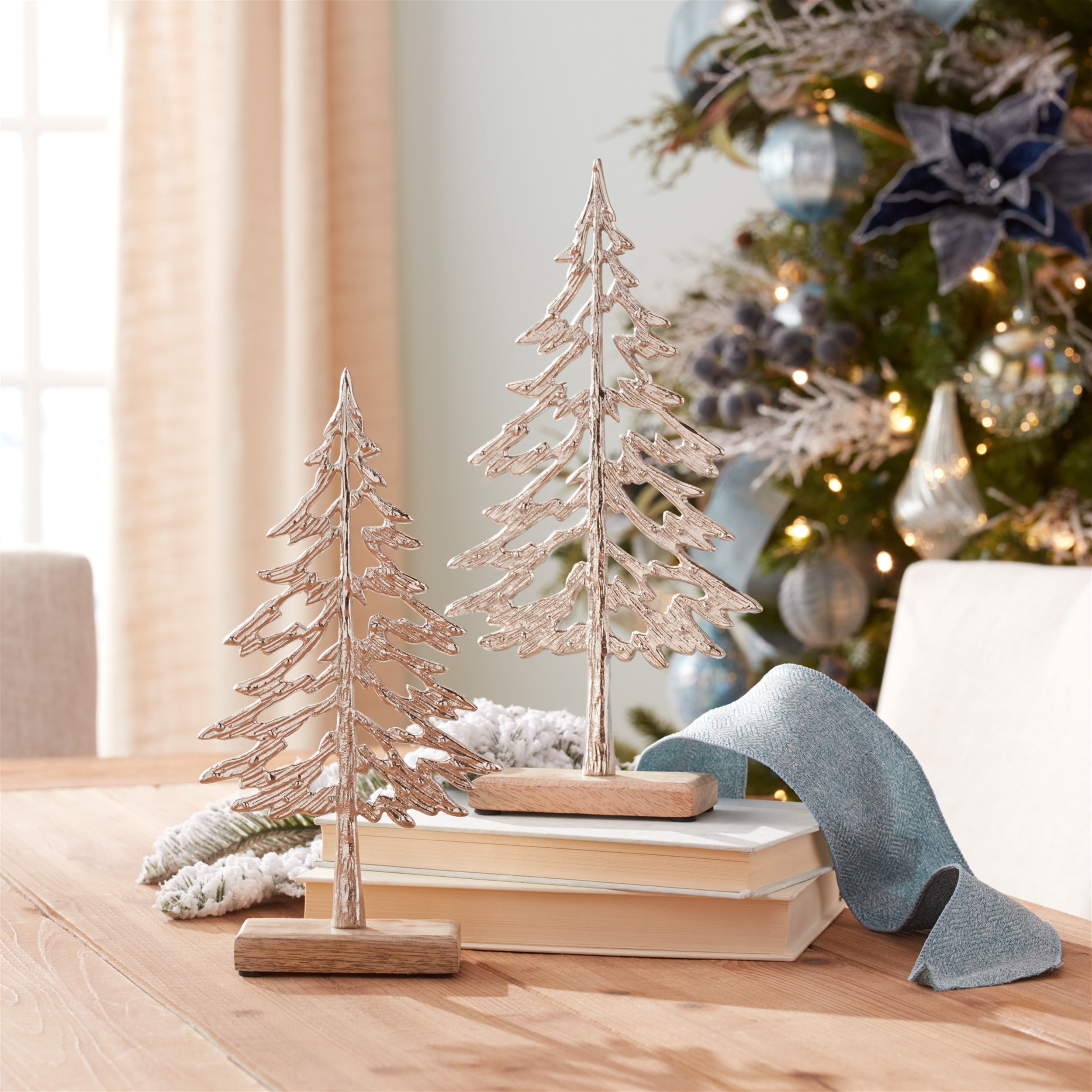 Metal Tree with Wood Base (Set of 2) - 10.5" and 12.5" trees