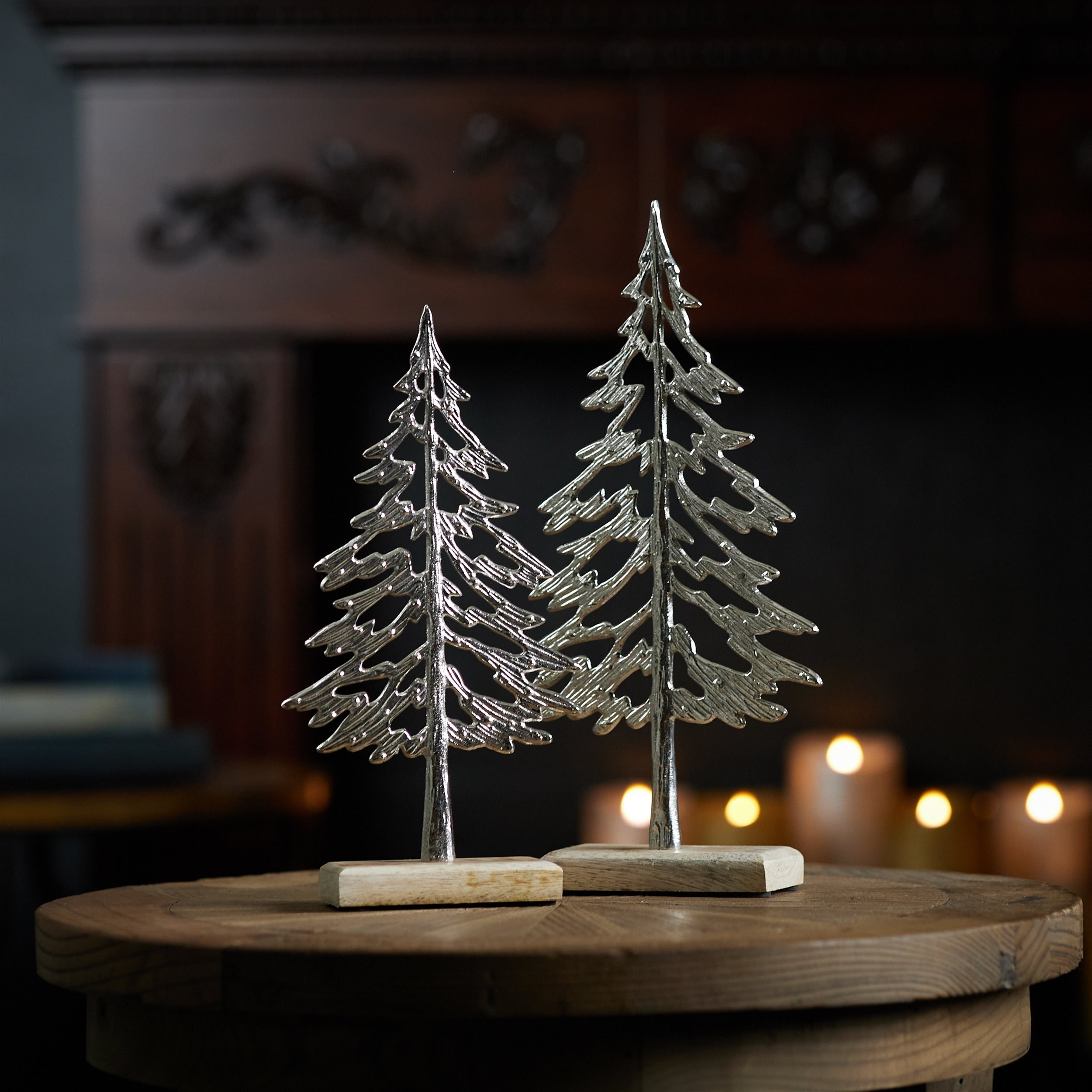 Metal Tree with Wood Base (Set of 2) - 10.5" and 12.5" trees