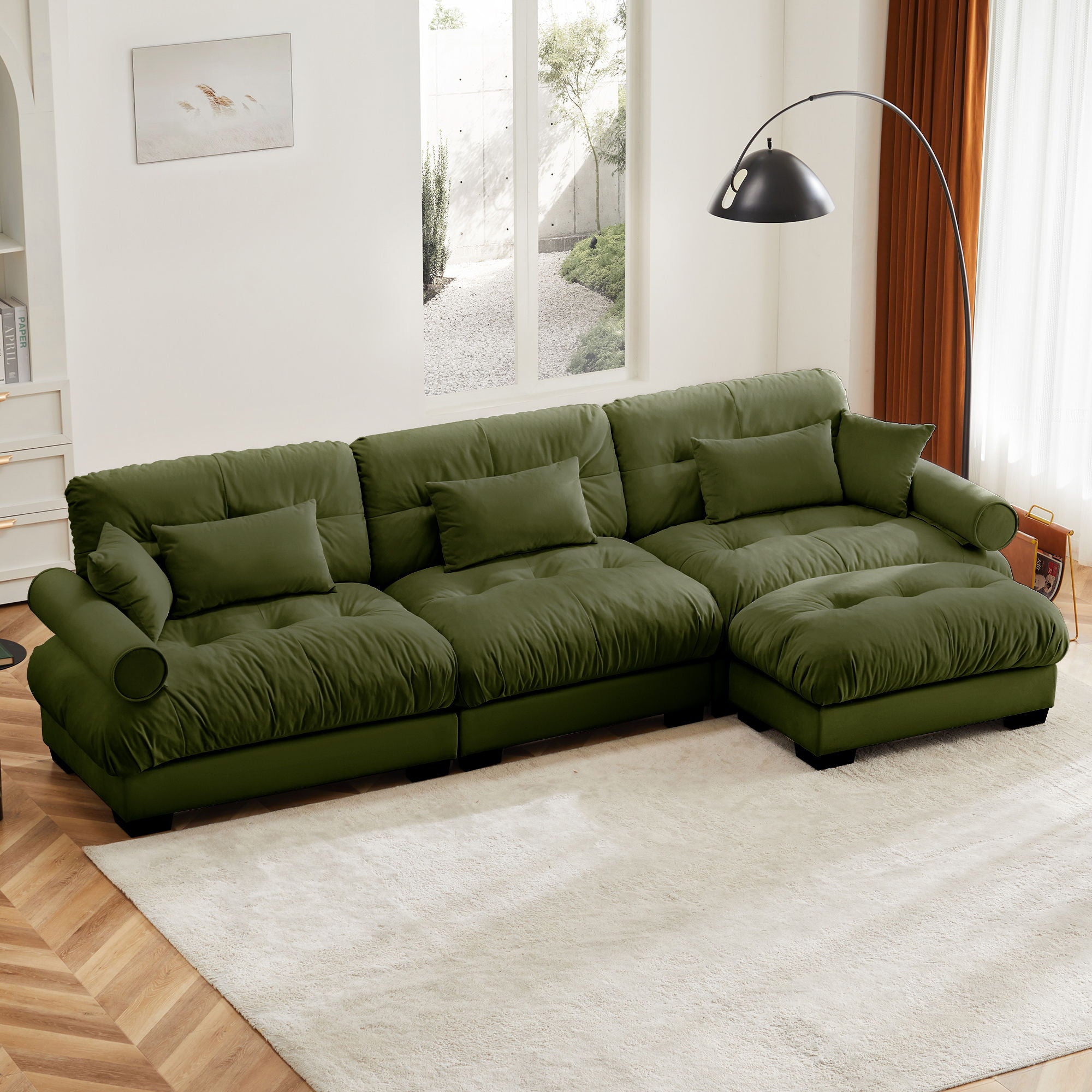 Modern Sectional Sofa With Ottoman, Round Bolster Armrests, Waist And Throw Pillows