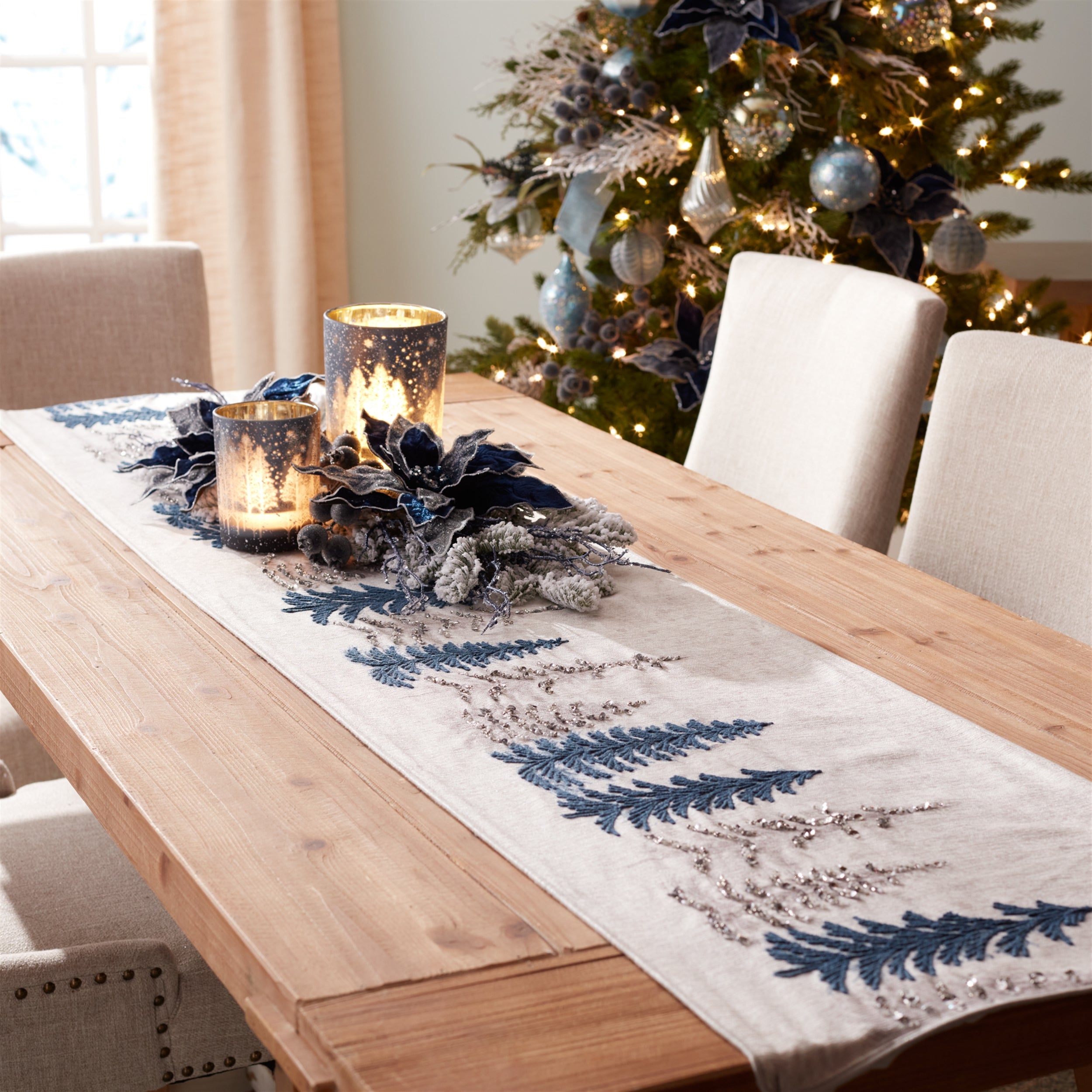 Embroidered Pine Tree Table Runner 72"L