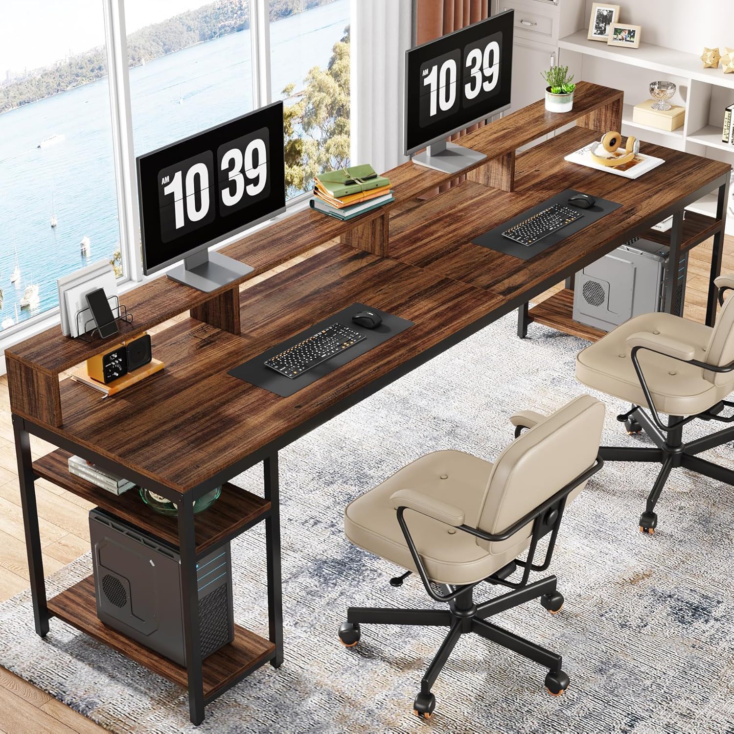 2 Person Desk With Monitor Stand, Long Office Workstation With Dual Storage Shelves And Frame - Brown / Black