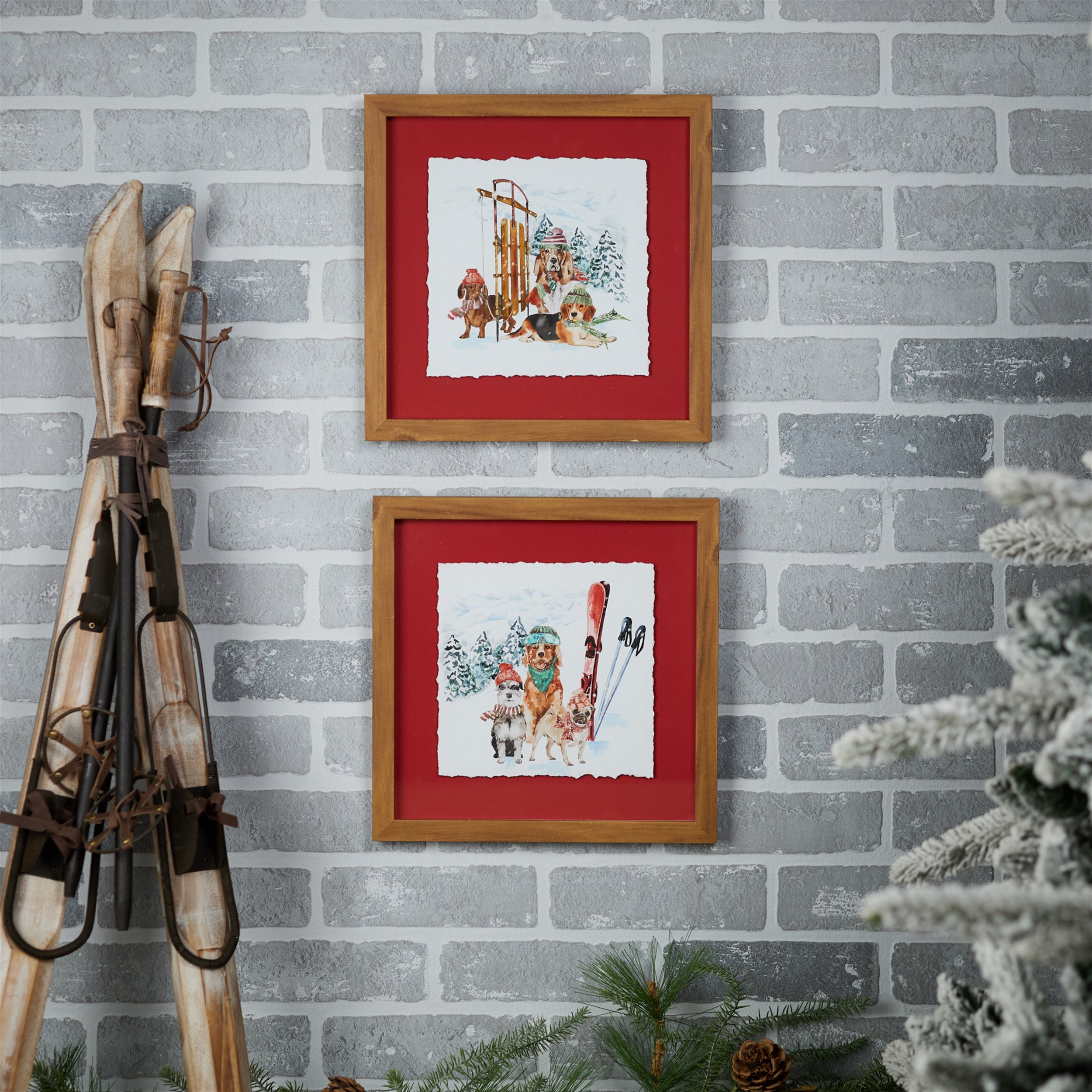 Framed-Dog-Sled-and-Ski-Print-Under-Glass-(Set-of-2)-Wall-Art