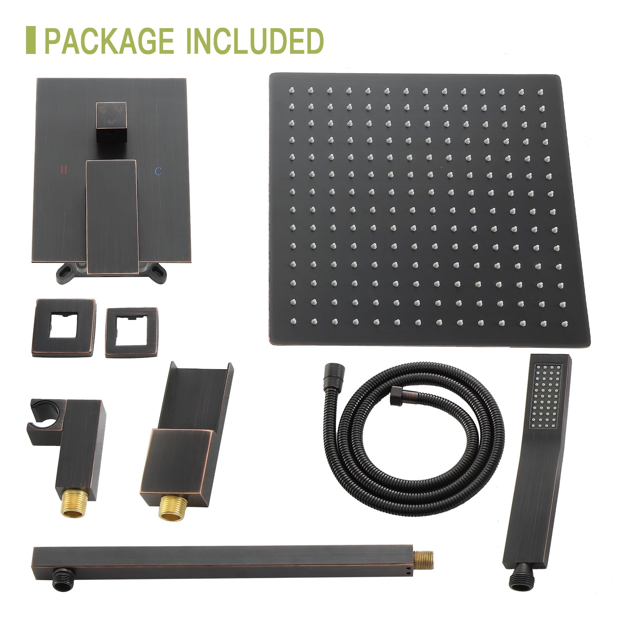 Wall Mounted Square Shower System With Waterfall Tub Spout And 12" Shower Head - Oil-Rubbed Bronze