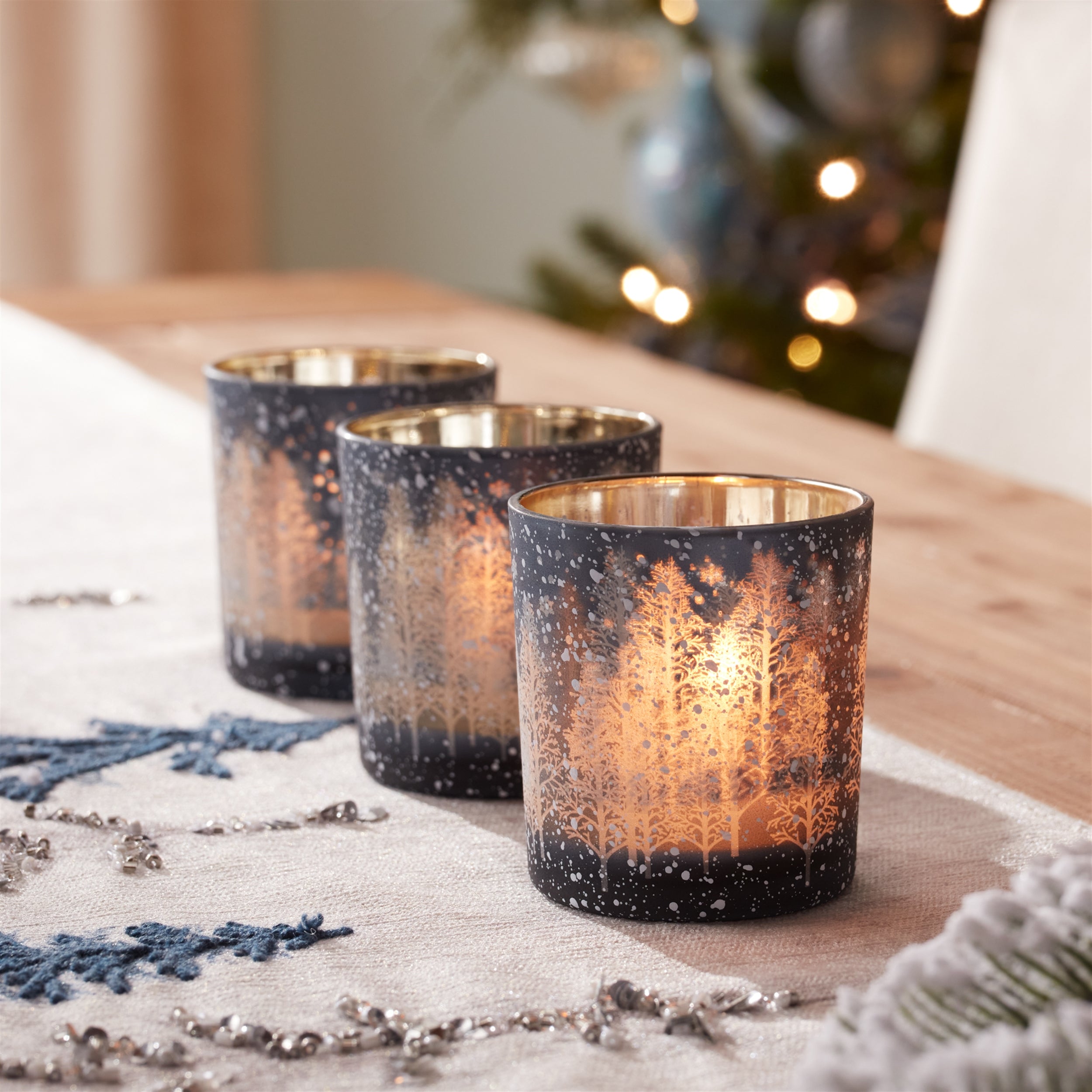 Navy Pine Tree Glass Votive Holder (Set of 3)