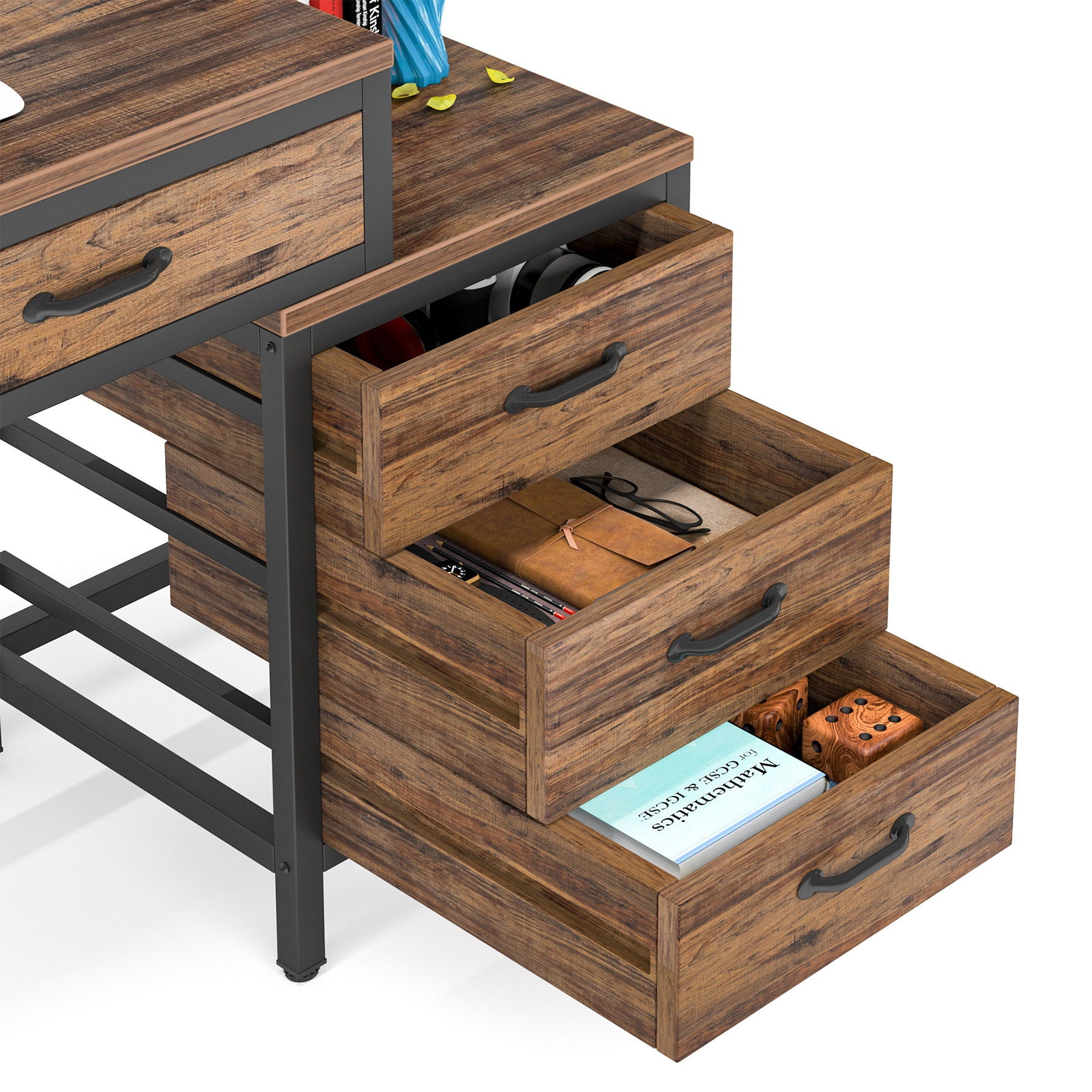 Computer Desk With Reversible 5 Drawer Storage, Frame Writing Table For Small Spaces