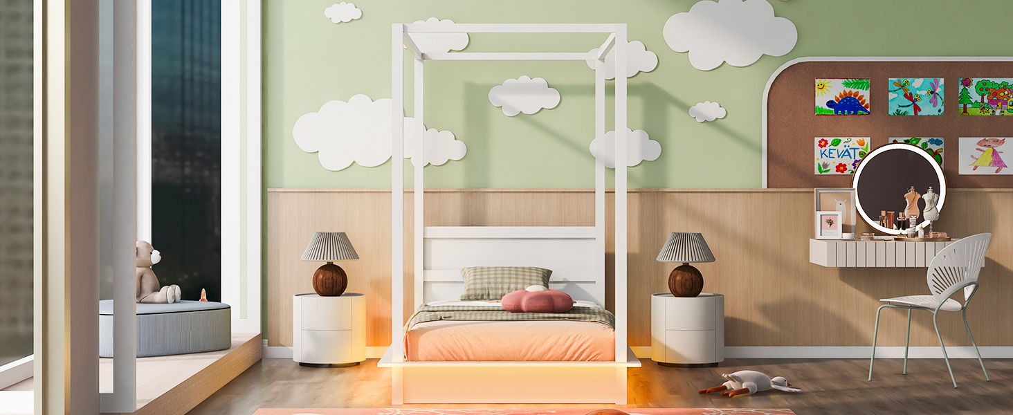 LED Canopy Bed, Canopy Platform Bed With Support Slats, No Box Spring Needed
