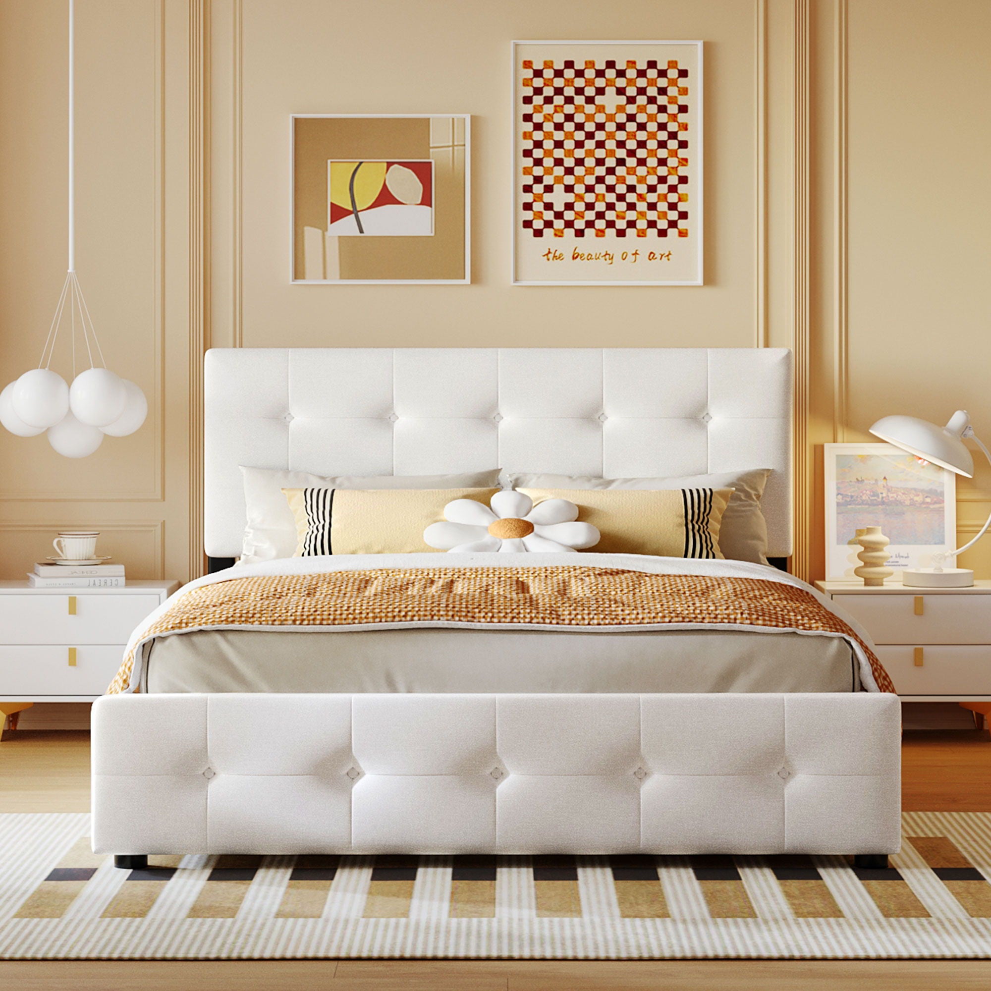 Upholstered Platform Bed With Classic Headboard And Drawers, No Box Spring Needed