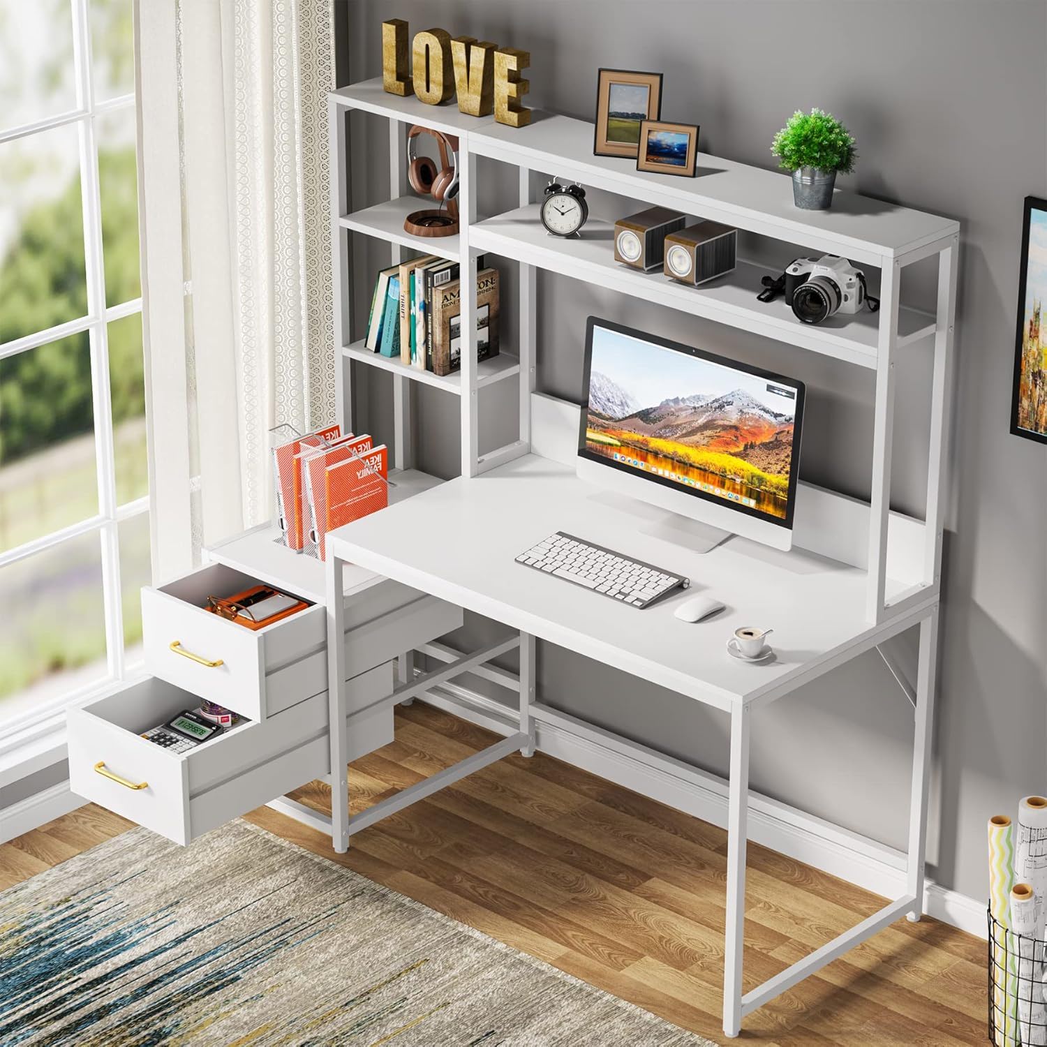Computer Desk With Hutch, 2 Drawers & Open Shelves