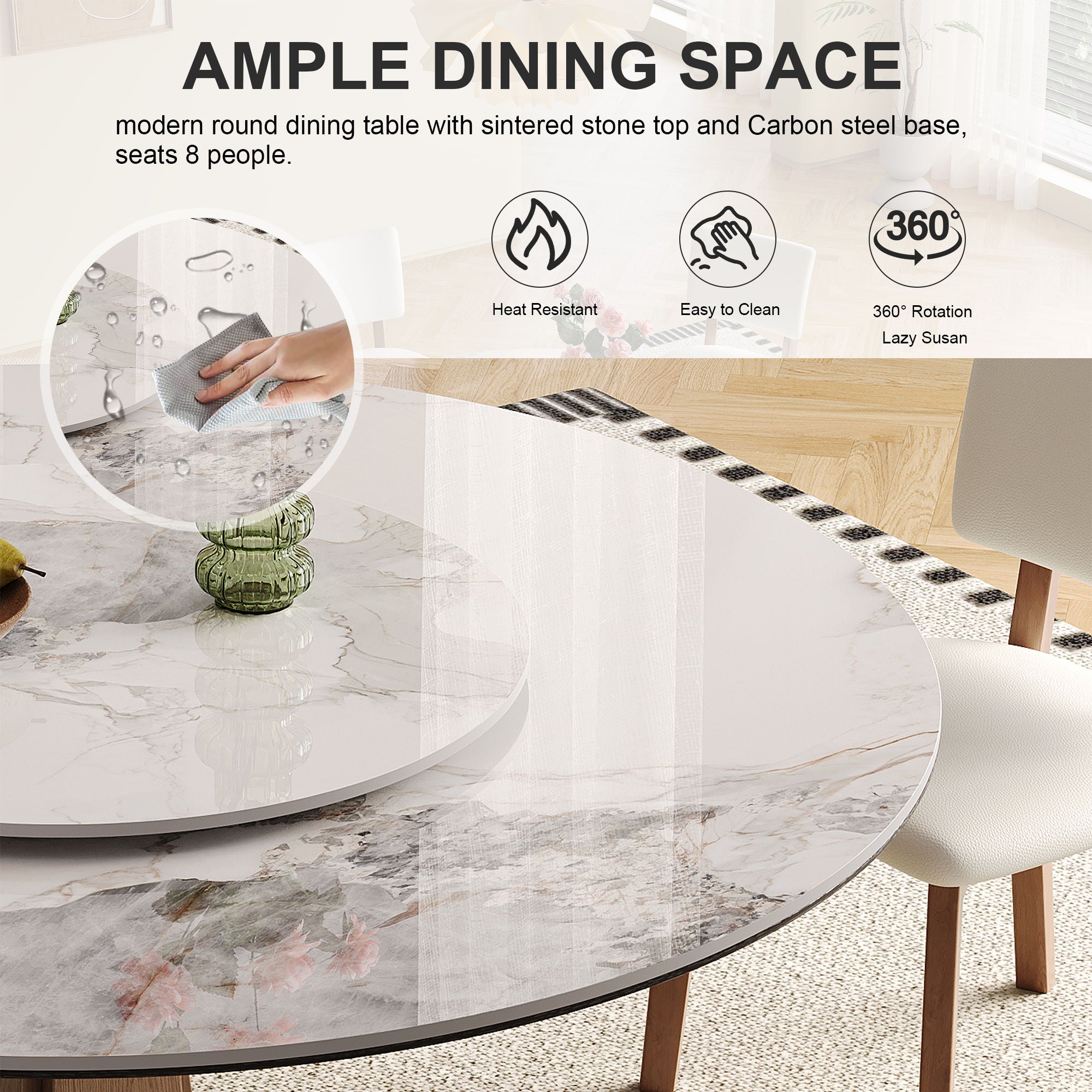 Dining Table Set With Round Turntable, Seats 6 - 8 - White