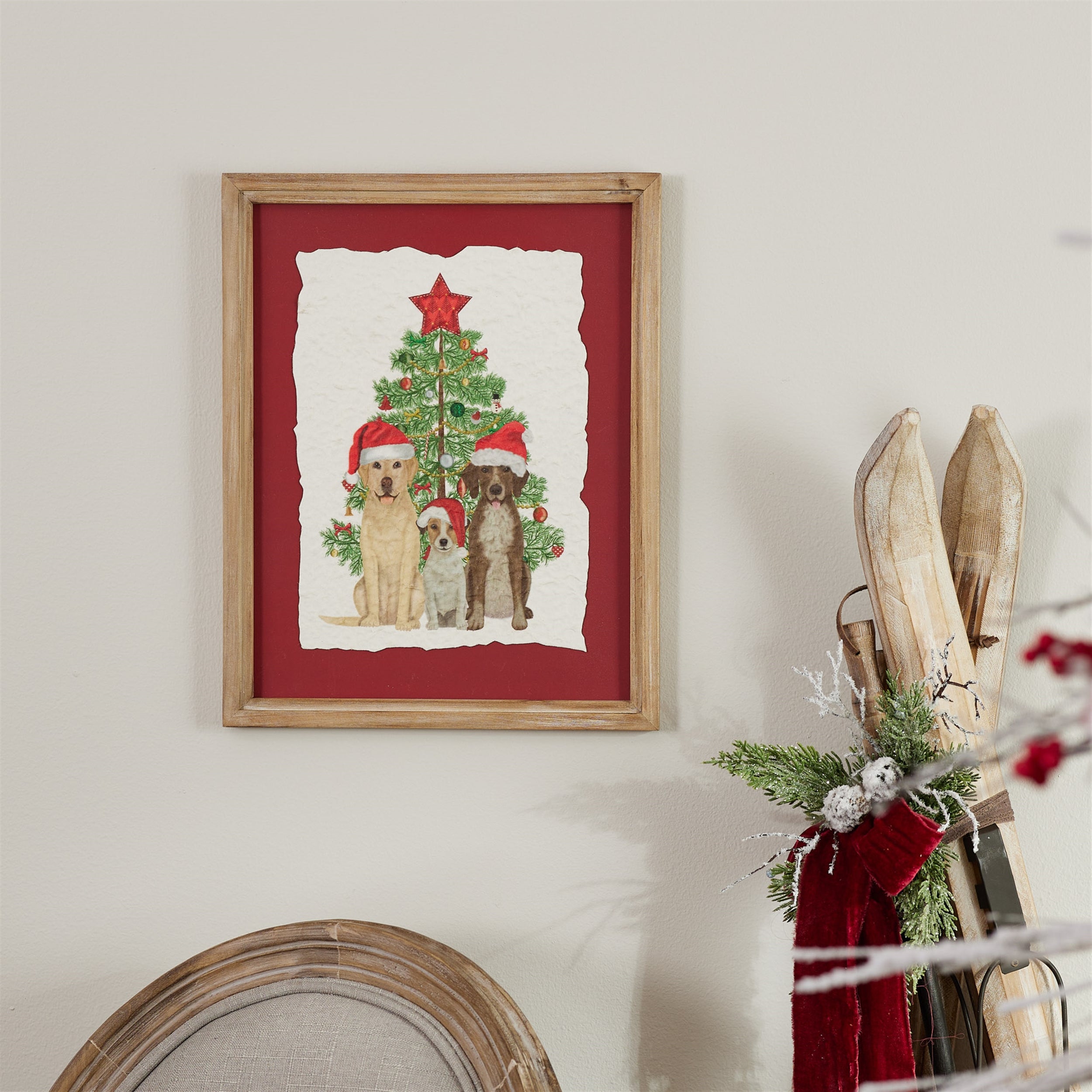 Framed Holiday Dogs and Christmas Tree Print 15"H