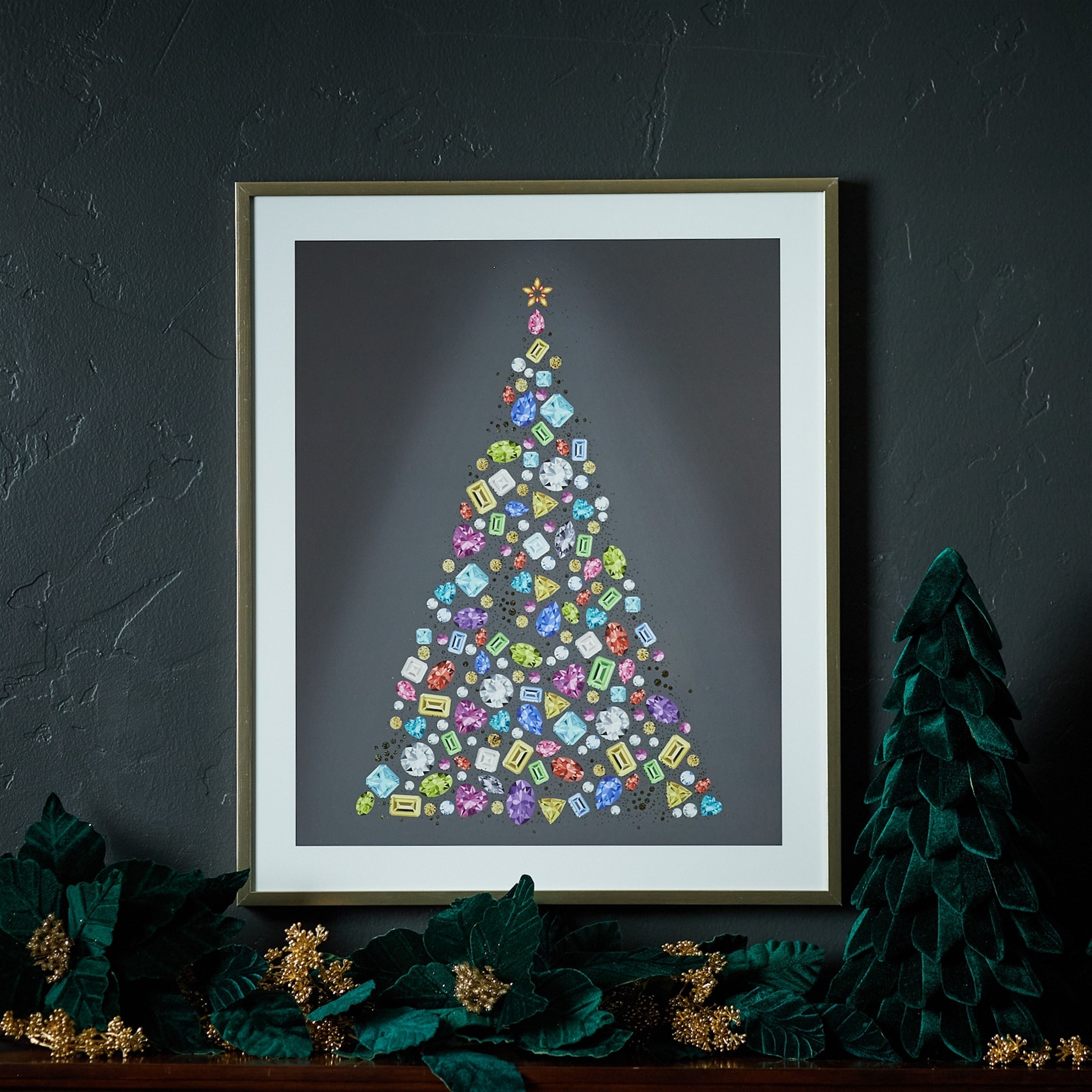 Holiday Jewel Tree Print Under Glass 23.5"H