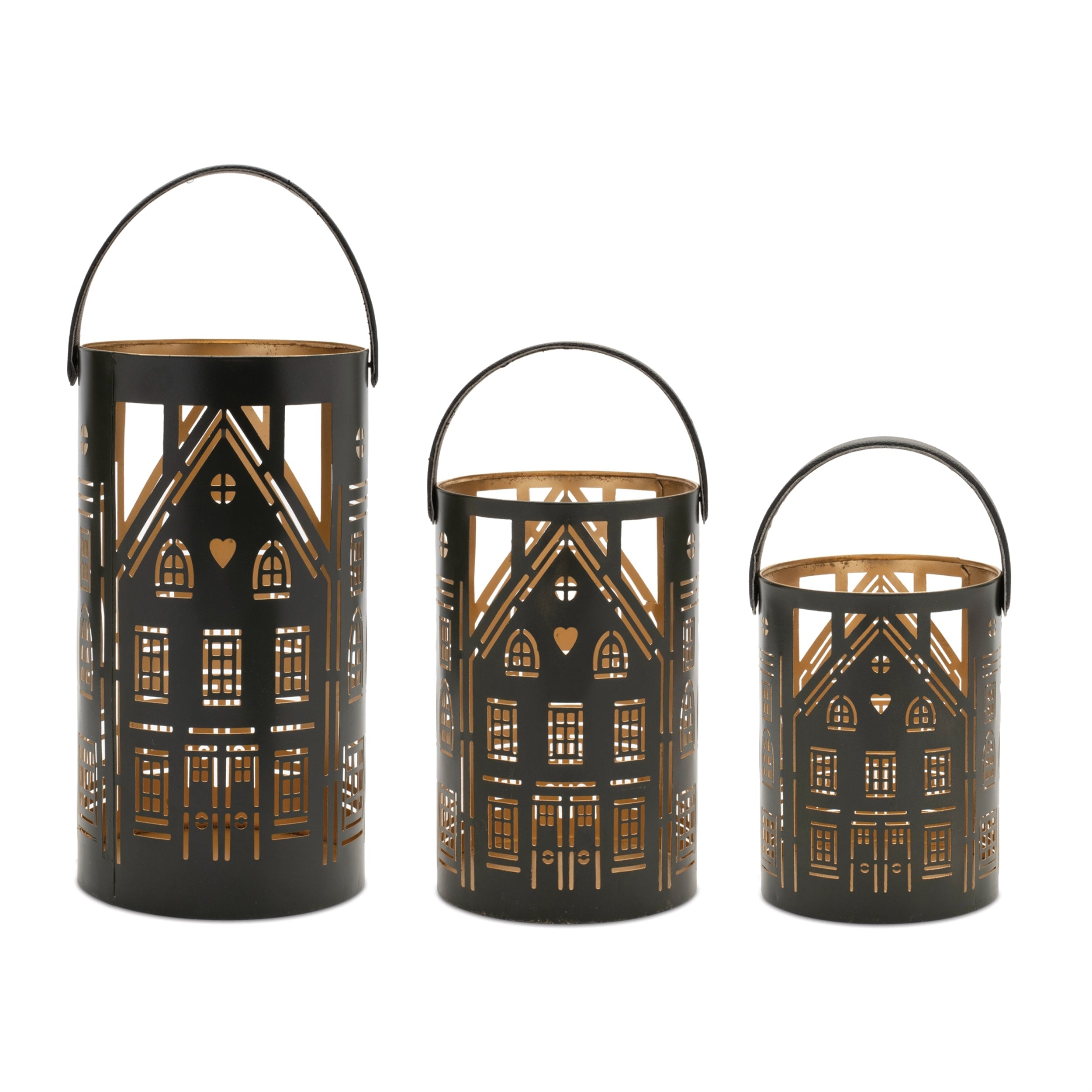 Punched metal house lantern (set of 3)