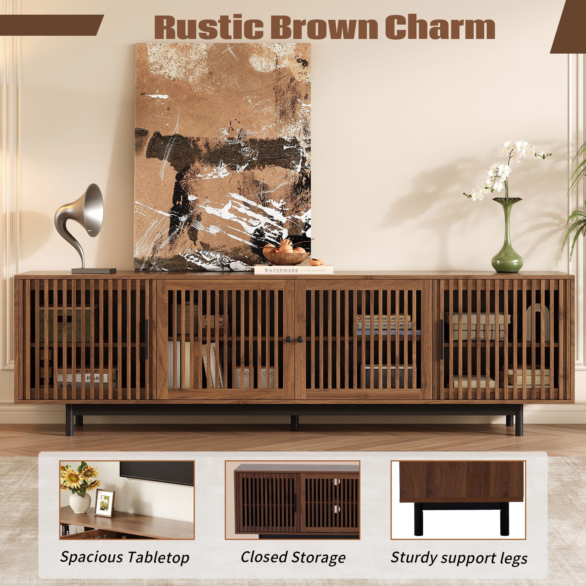 TV Stand For TVs, Entertainment Center With Closed Storage & Cable Management, Soft Closing Hinges - Walnut