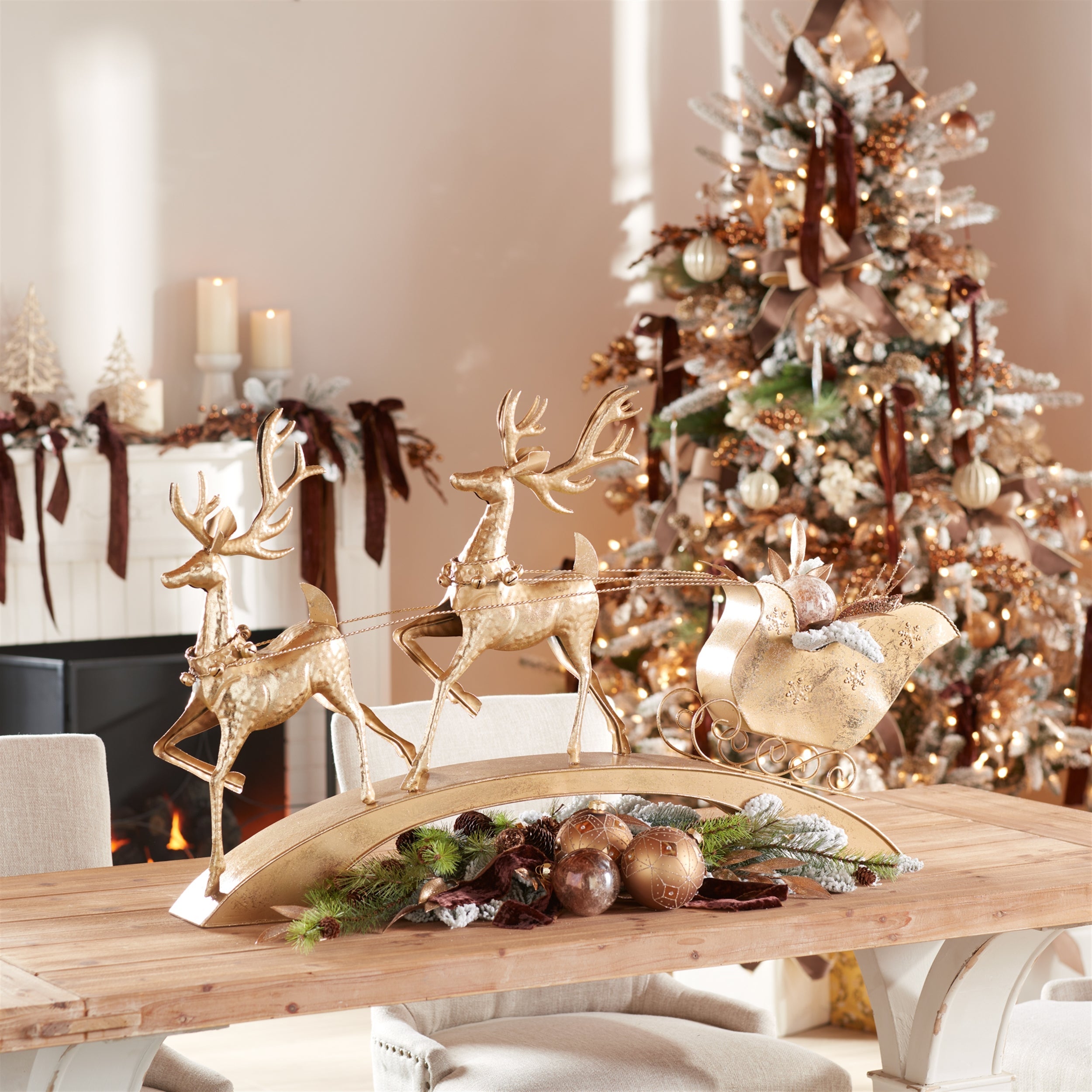 Hammered Metal Deer with Sleigh 40.5"L