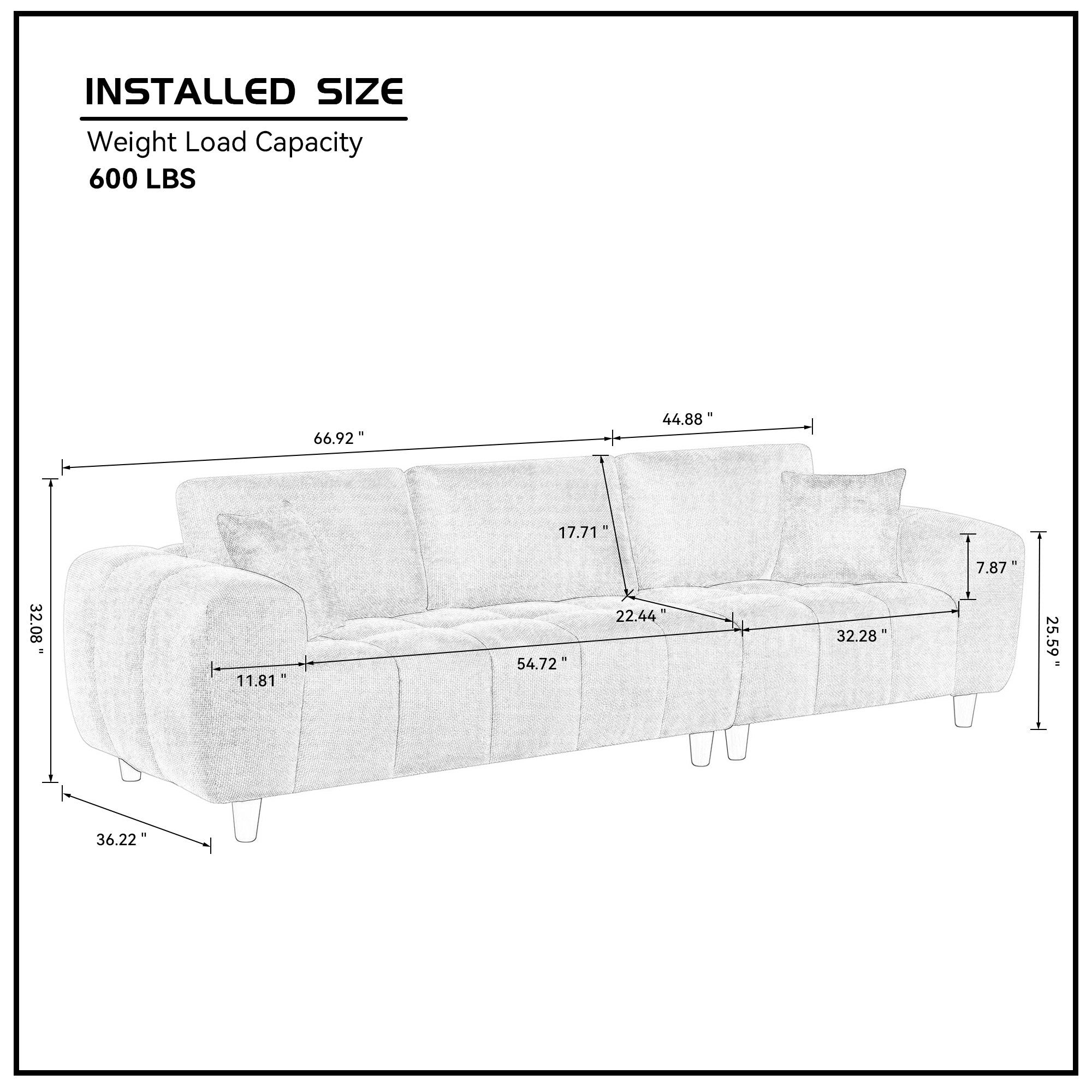 111.81 Inch Sectional Sofa Couch Fabric Couch in White
