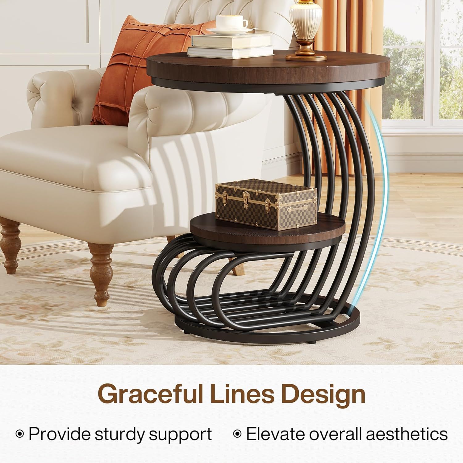 Round Vintage End Table With 2 Tier Storage