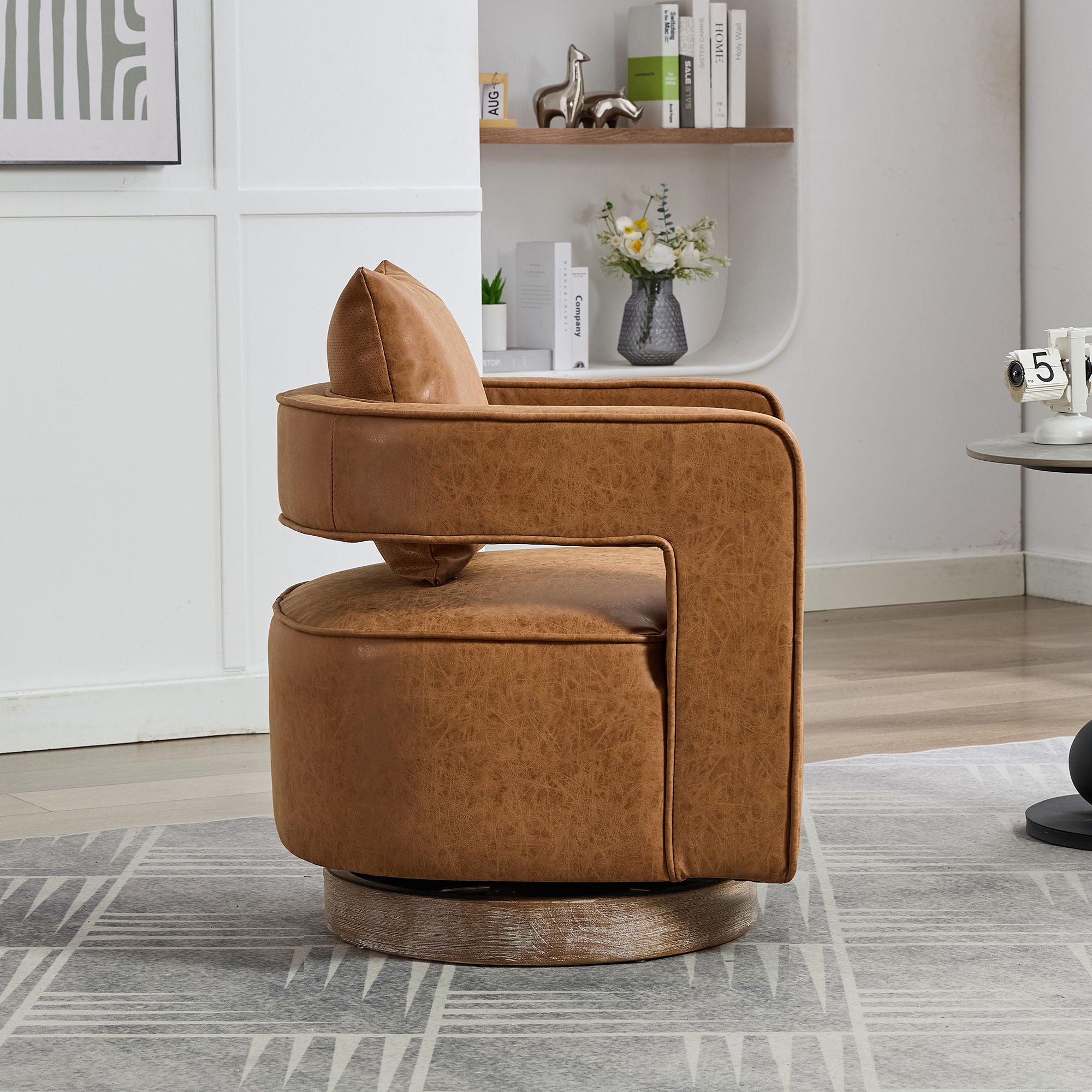 Swivel Accent Open Back Barrel Chair With Weathered Base