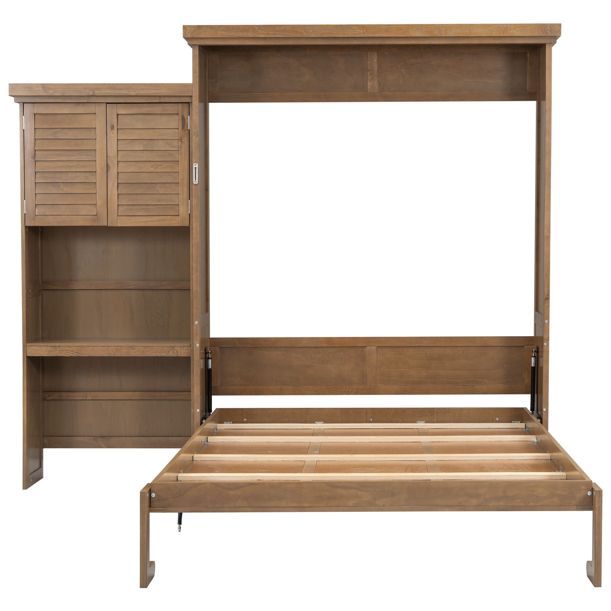 Queen Size Murphy Bed With Louvered Design And Multiple Storage Shelves - Wood