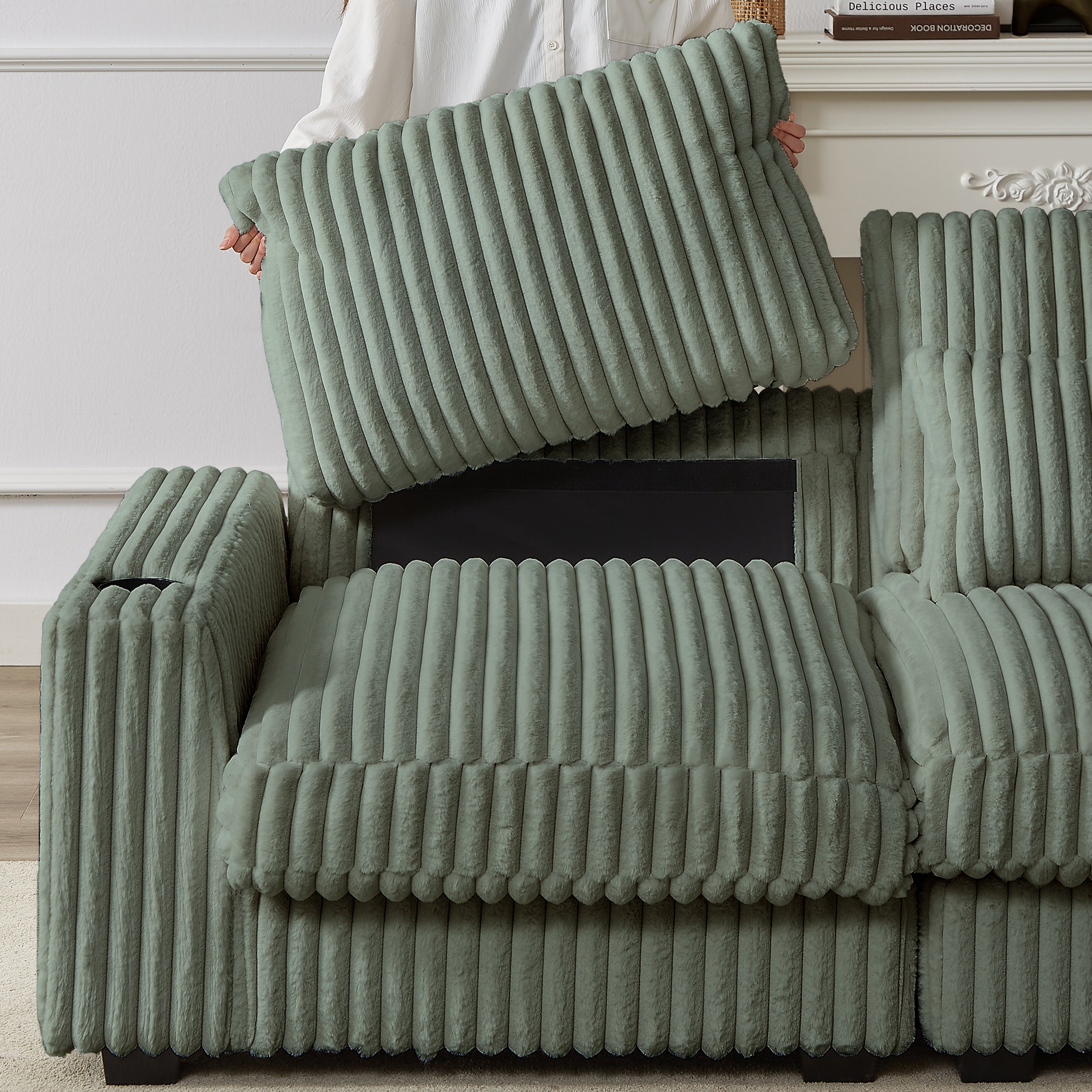 126-Inch Corduroy With Cup Holder Super Large L-Shaped Sofa