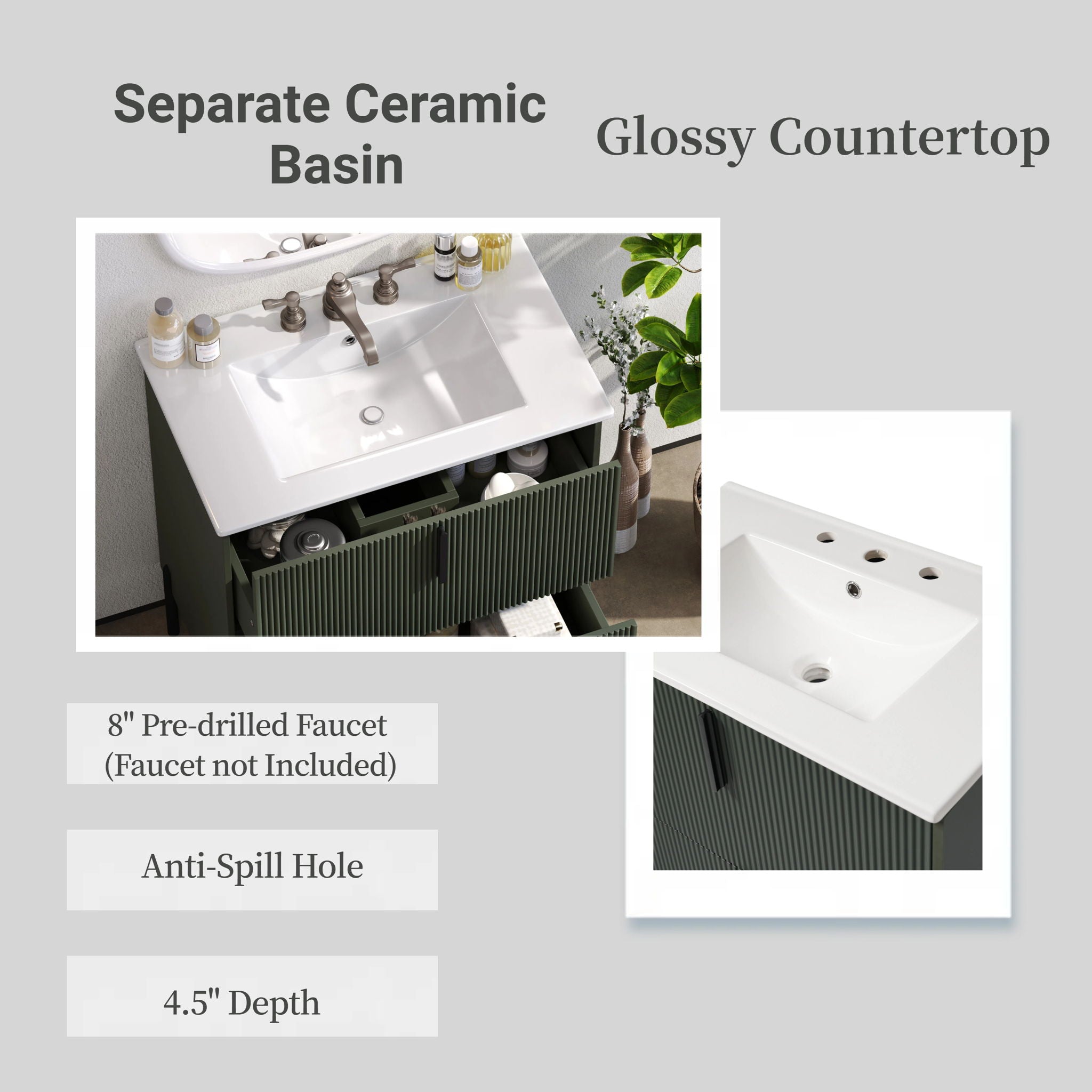 Bathroom Vanity With Ceramic Sink, Fluted Design