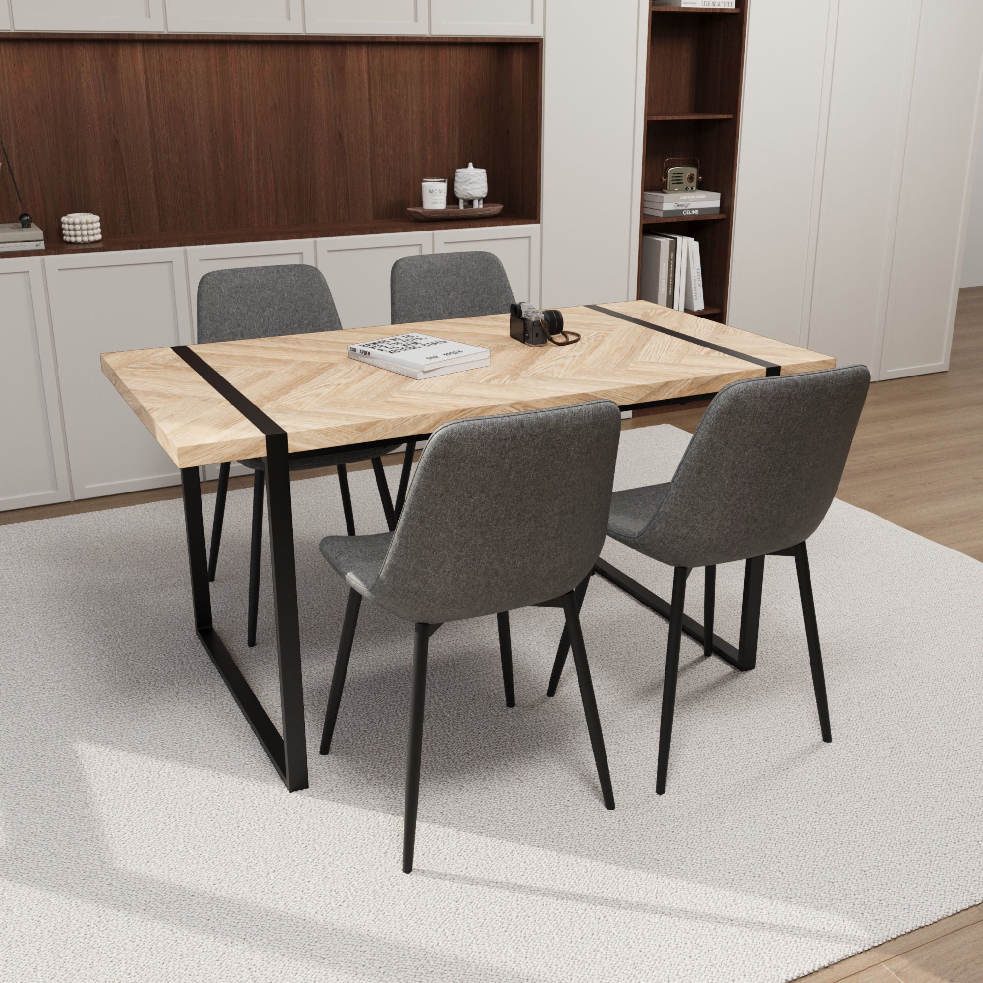 Modern Dining Table & Suede Chair Set WIth Rectangular Metal Base