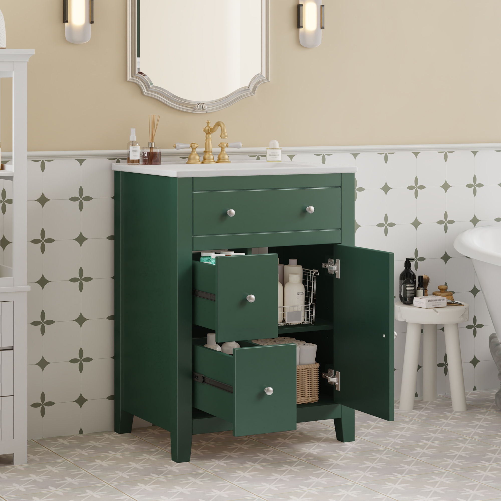 Bathroom Vanity With Basin, Rectangular Cabinet With 2 Drawers And Soft Closing Door